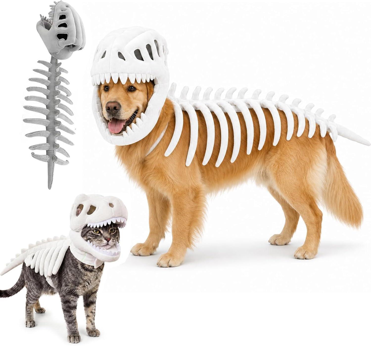 Pet Dinosaur Skeleton Halloween Costume 3D Bone Plush Hood Outfit