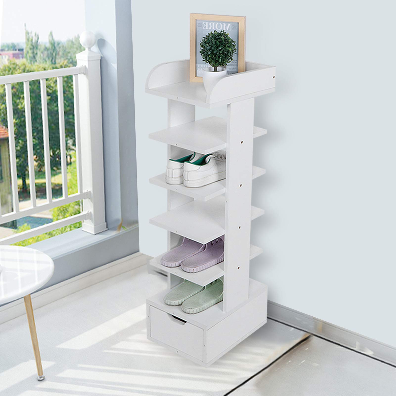 Cocoarm Półka na Buty Płyta Wiórowa Organizer na Buty 6-warstwowa Pionowa Półka do Przechowywania z szufladą 27,5 X 27,5 X 94, Cm do Przedpokoju, Przedpokoju, Szafy w Sypialni