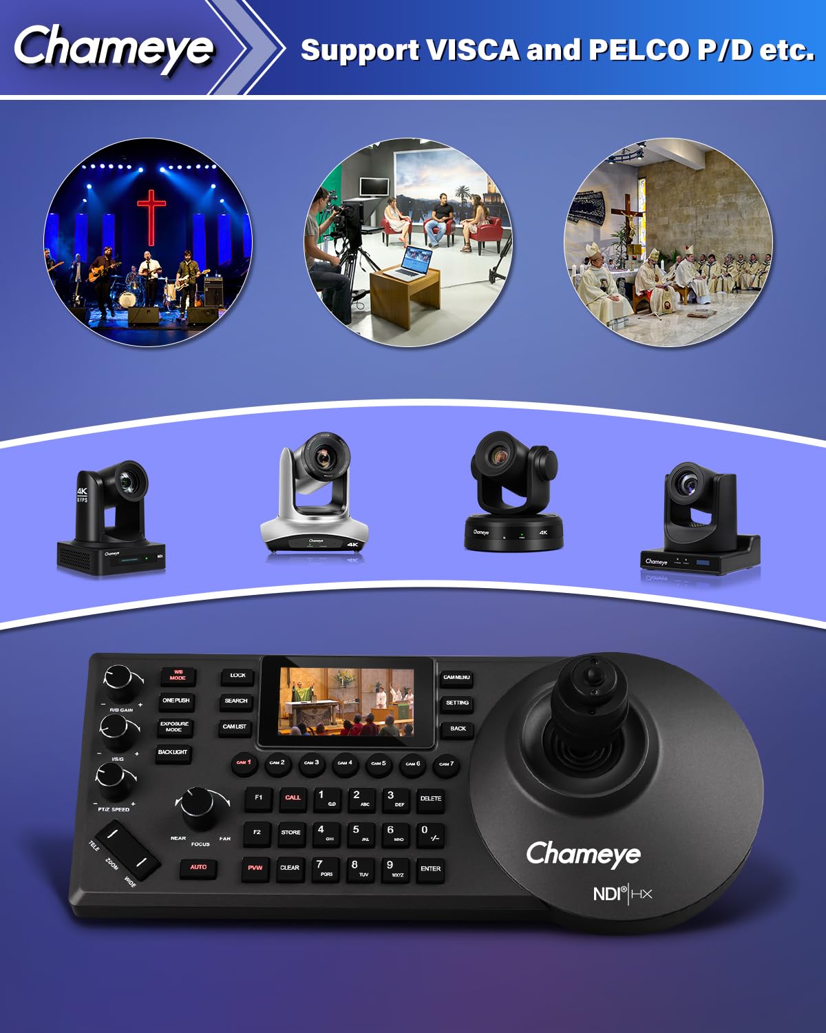 Chameye Controller per Telecamera PTZ NDI con Joystick 4D, Tastiera Controller PTZ IP PoE, Schermo LCD da 3 pollici per YouTube OBS vMix Live Streaming, fornito con licenza NDI (E300)