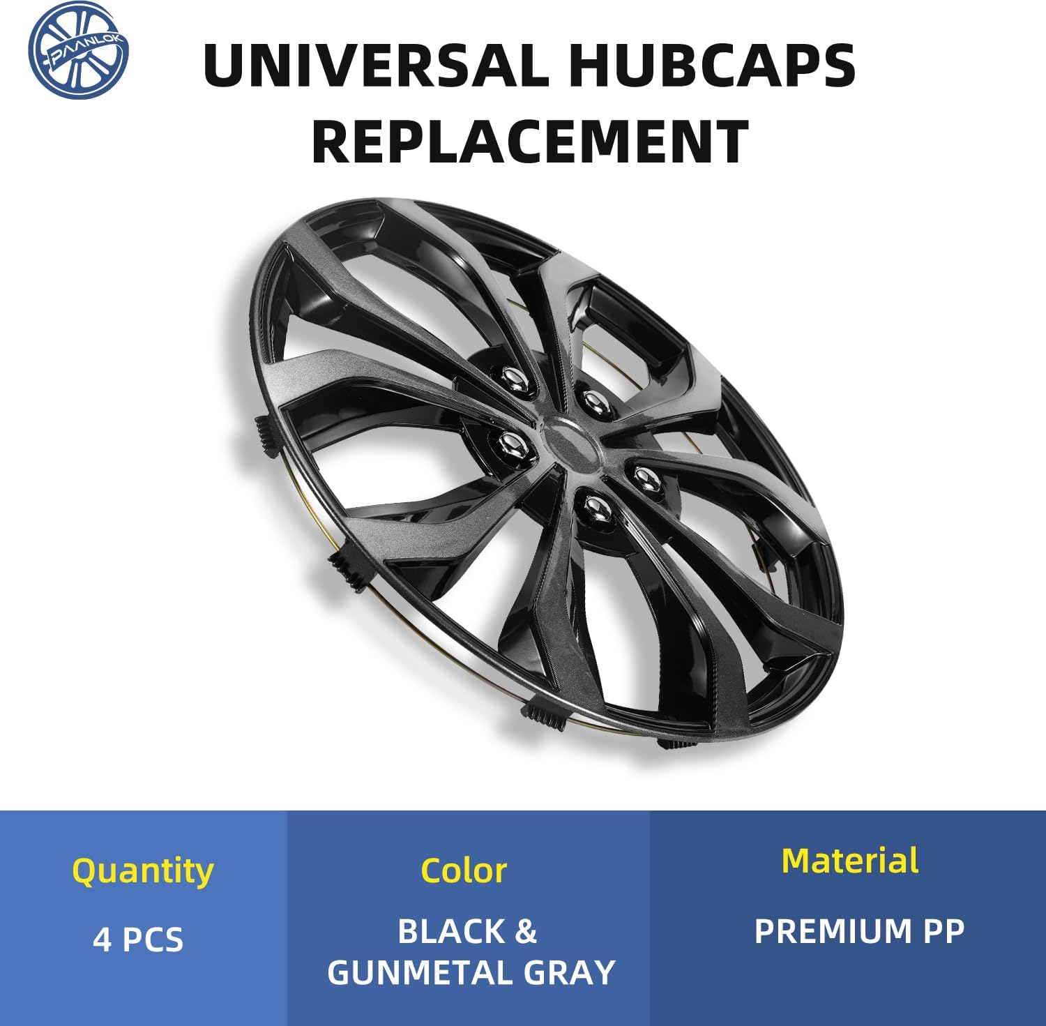 15 Inch Dual-Tone Black & Gunmetal Gray Wheel Covers Hubcaps for Steel Wheels, Set of 4, Adjustable Snap-On Design for Most Sedans, SUVs, Trucks & Vans, Tool-Free Install