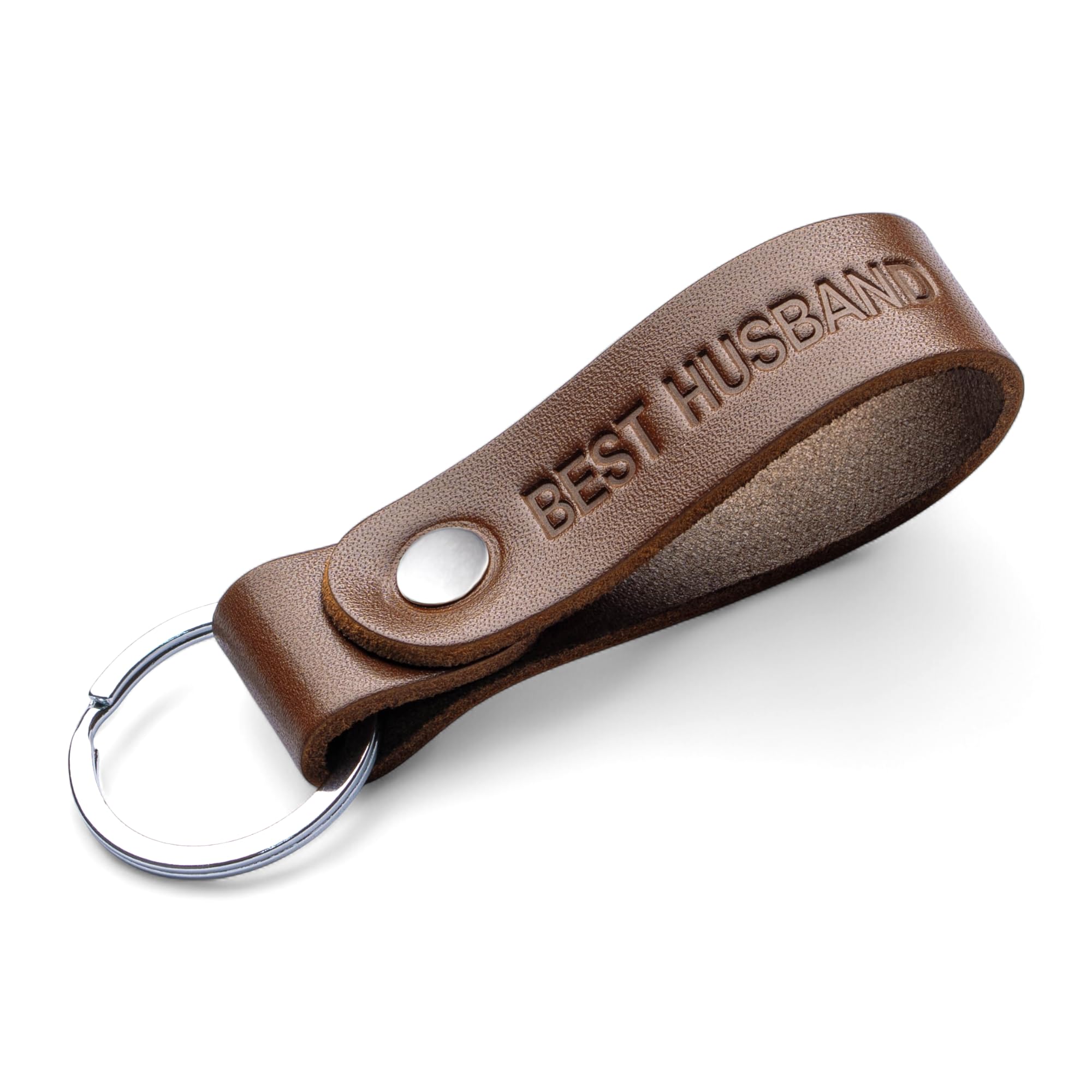 MAGOR Handmade Full Grain Leather Keyring Personalised Keychain for Men Women Car Keys Gift for Him Her Dad Husband Premium Hot Embossed Brown Leather Loop in Gift Box (BEST HUSBAND)