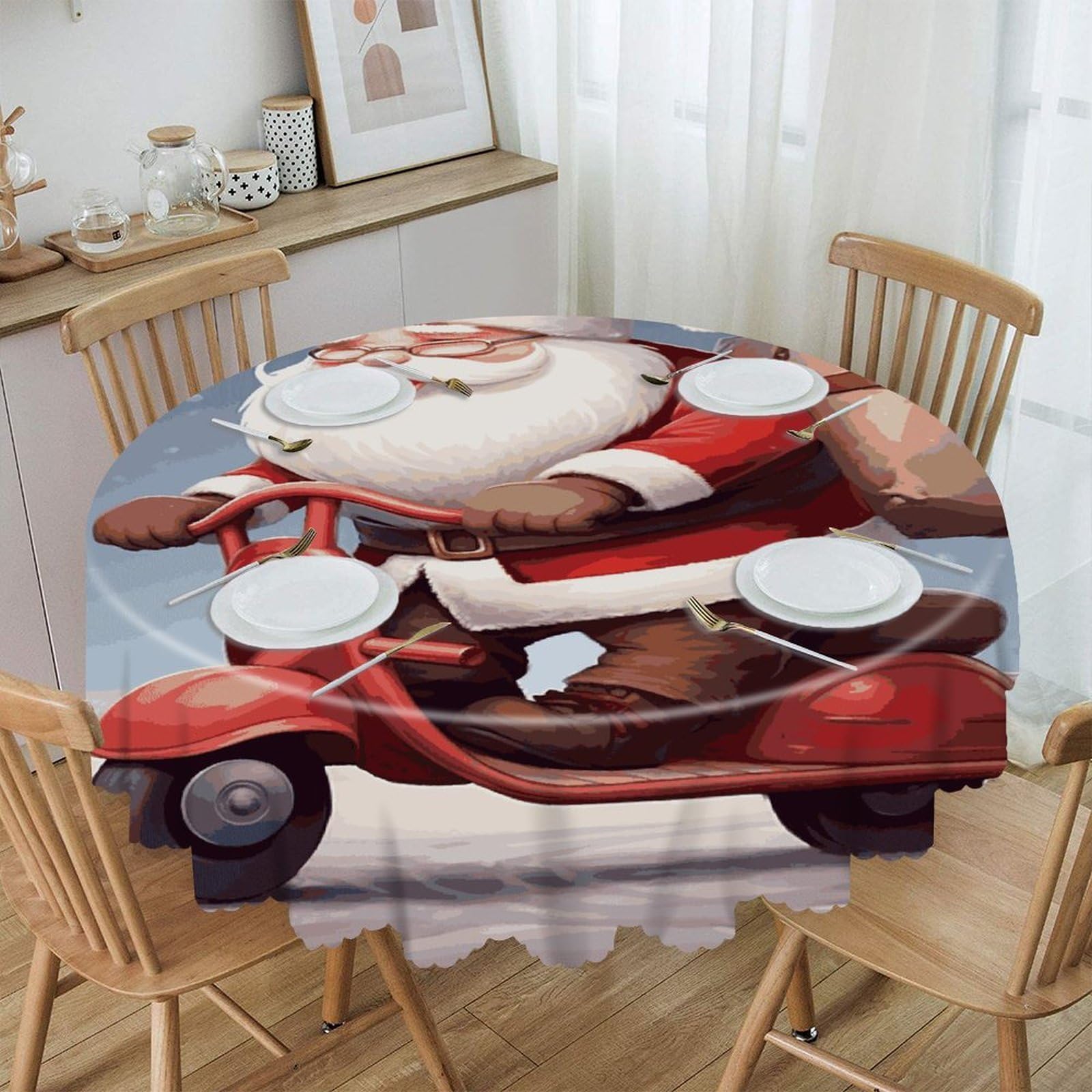 FekiLoot Santa Claus on Scooter Round Tablecloths 60 Inch Resistant Washable Polyester Table Cloth Style Decorative Circle Fabric Table Cover for Dining Kitchen Party Farmhouse Outdoor