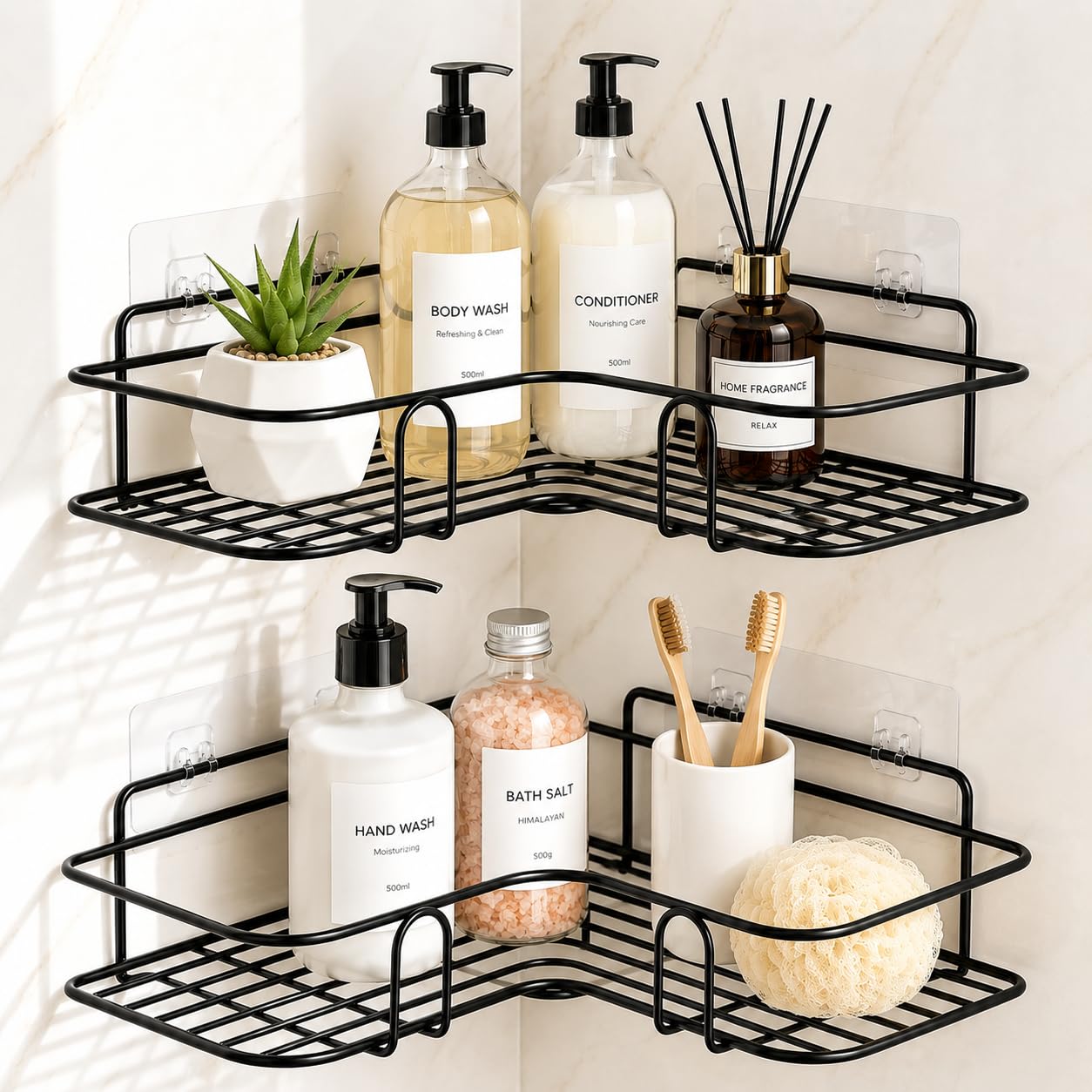Varesta No Drill Self Adhesive Bathroom Corner Shelf with 2 Extra Adhesive Hooks, Rustproof Metal Bathroom Organizer (Pack of 2, Black)-picture-44