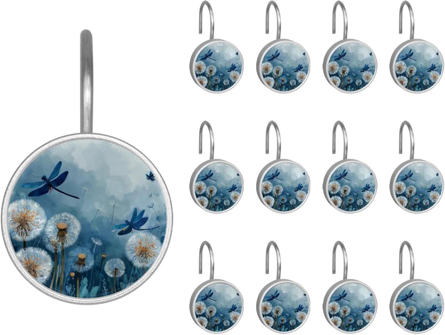 Blue Dragonflies Flying Around Dandelion Round Crystal Glass Decorative Shower Curtain Hooks with 3D Pattern Visual, Rust Proof Shower Curtain Rings-12 Pack