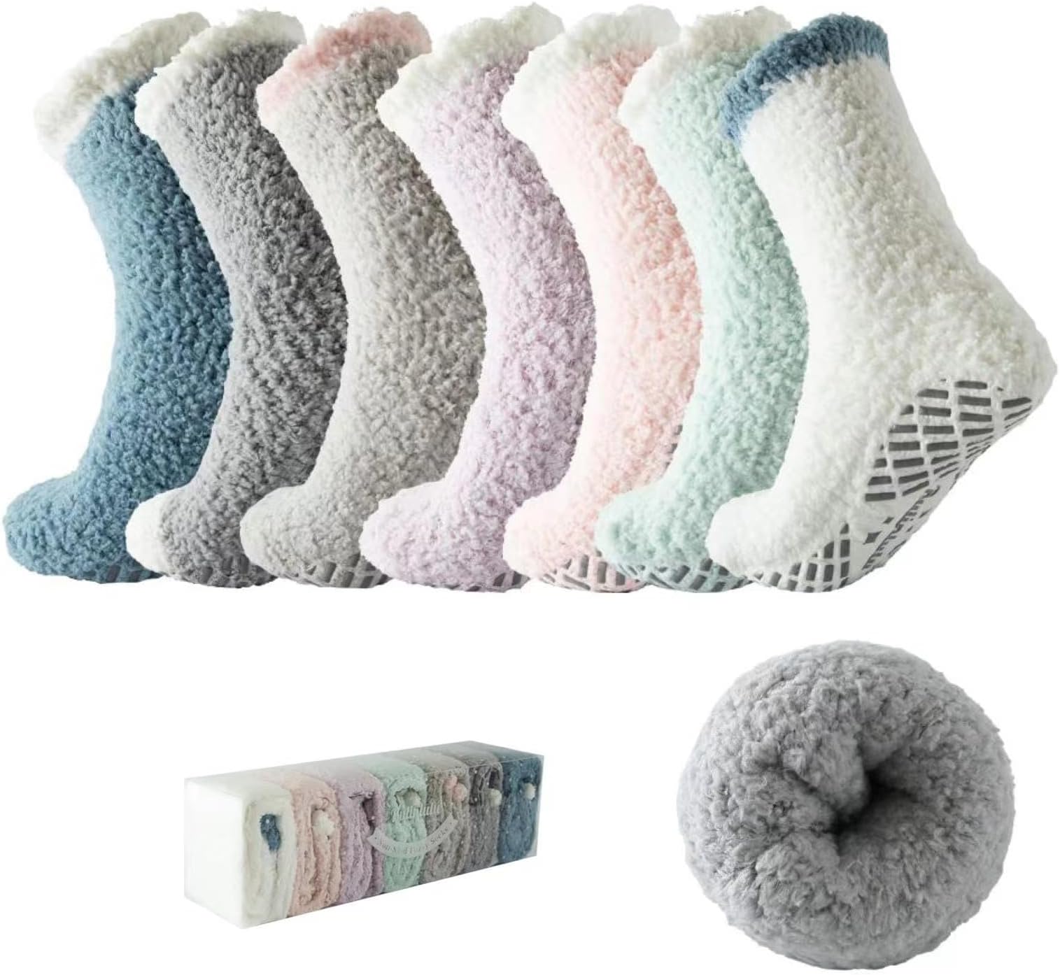 Fuzzy Socks with Grips Plush Sleep Cozy Winter Soft Hospital Fluffy Socks for Womens Mens Gifts
