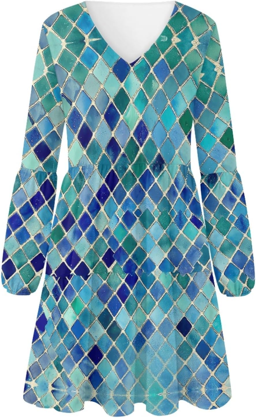 Long Sleeve Dress for Women Floral V Neck Lantern Sleeve Fashion Tunic Dress Knee Length Casual Swing Shift Dress - Image 4