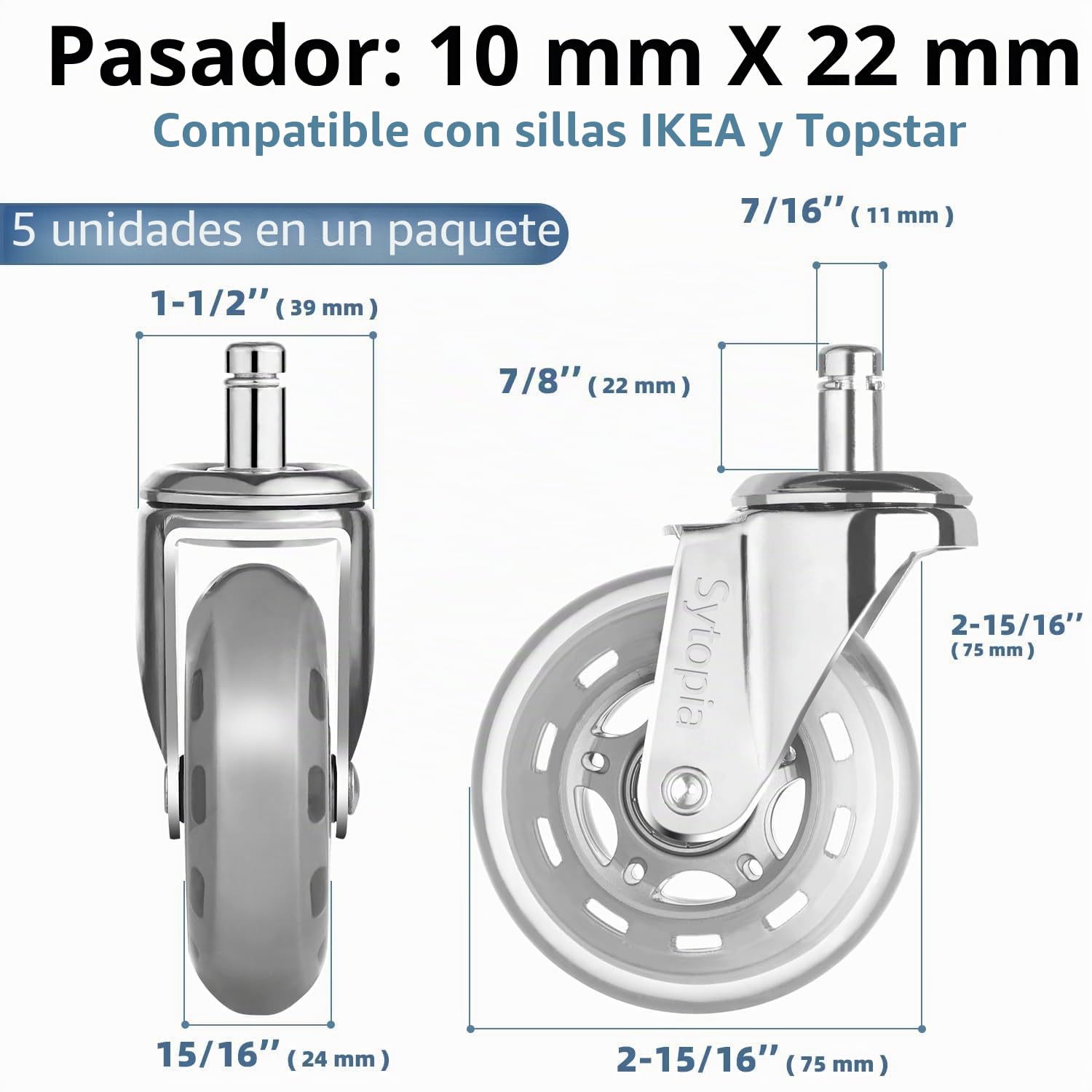 Sytopia Ruedas para silla de oficina con pasador de 10 mm x 22 mm, juego de 5 ruedas grandes para suelos de parqué y alfombras, ruedas supersilenciosas y suaves para suelos duros, solo compatibles con