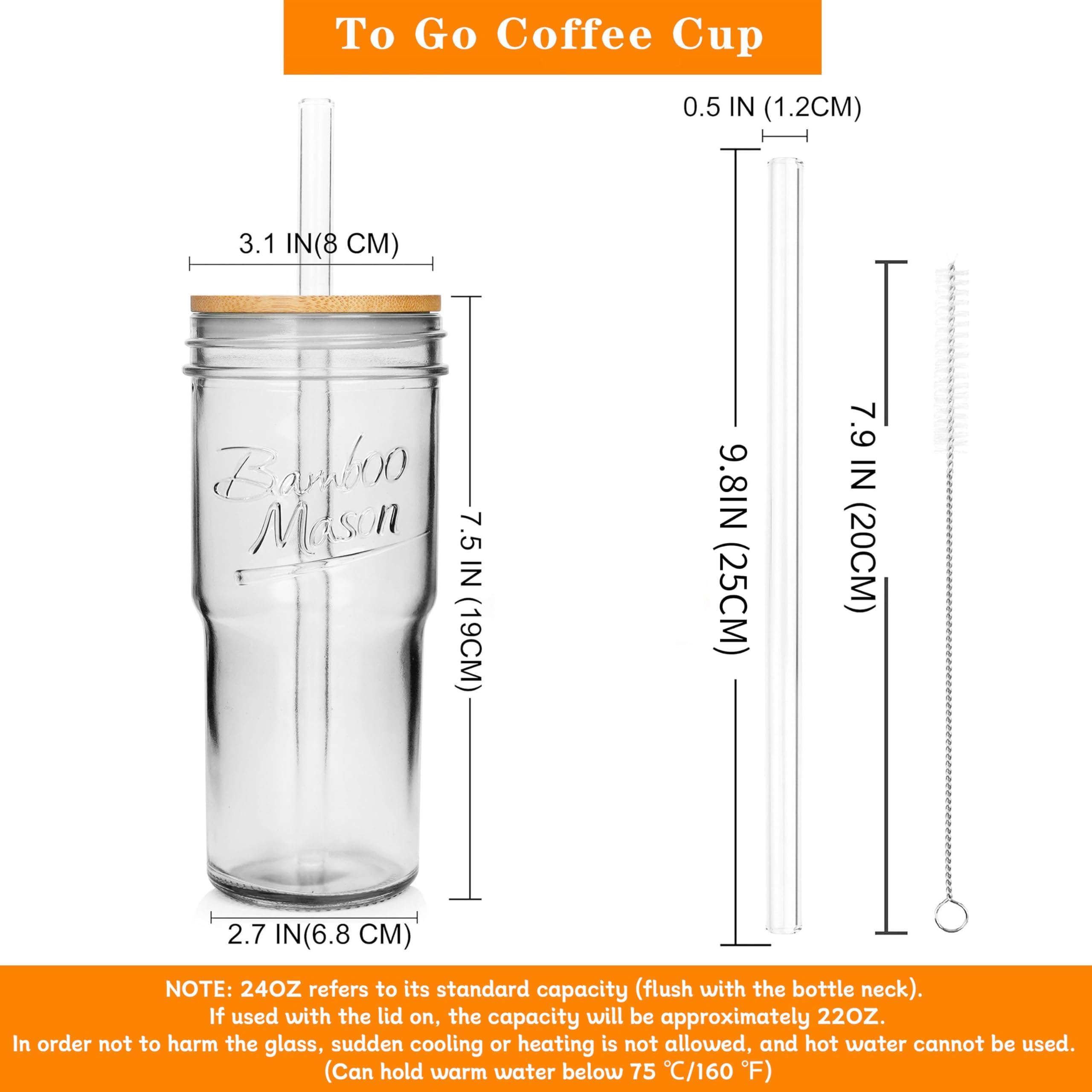 ANOTION Lot de 4 verres en verre avec couvercles et pailles, tasse à café de voyage de 600 ml, pot Mason à large ouverture, tasse à café glacé, tasse à smoothie, tasse en verre, tasse à thé, tasses à