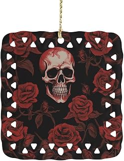 Skull Rose Ornaments Gift Exchange Idea ，Hanging Ornament Ceramic Material，Christmas Ornaments for Home, Office, Shopping Mall Holiday Decoration.