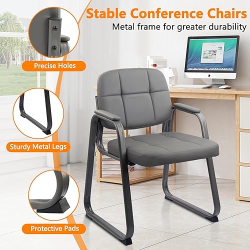 Miniatura 4 de CLATINA Silla de invitados para sala de espera con reposabrazos acolchado de cuero regenerado para oficina, recepción y escritorio de conferencias,