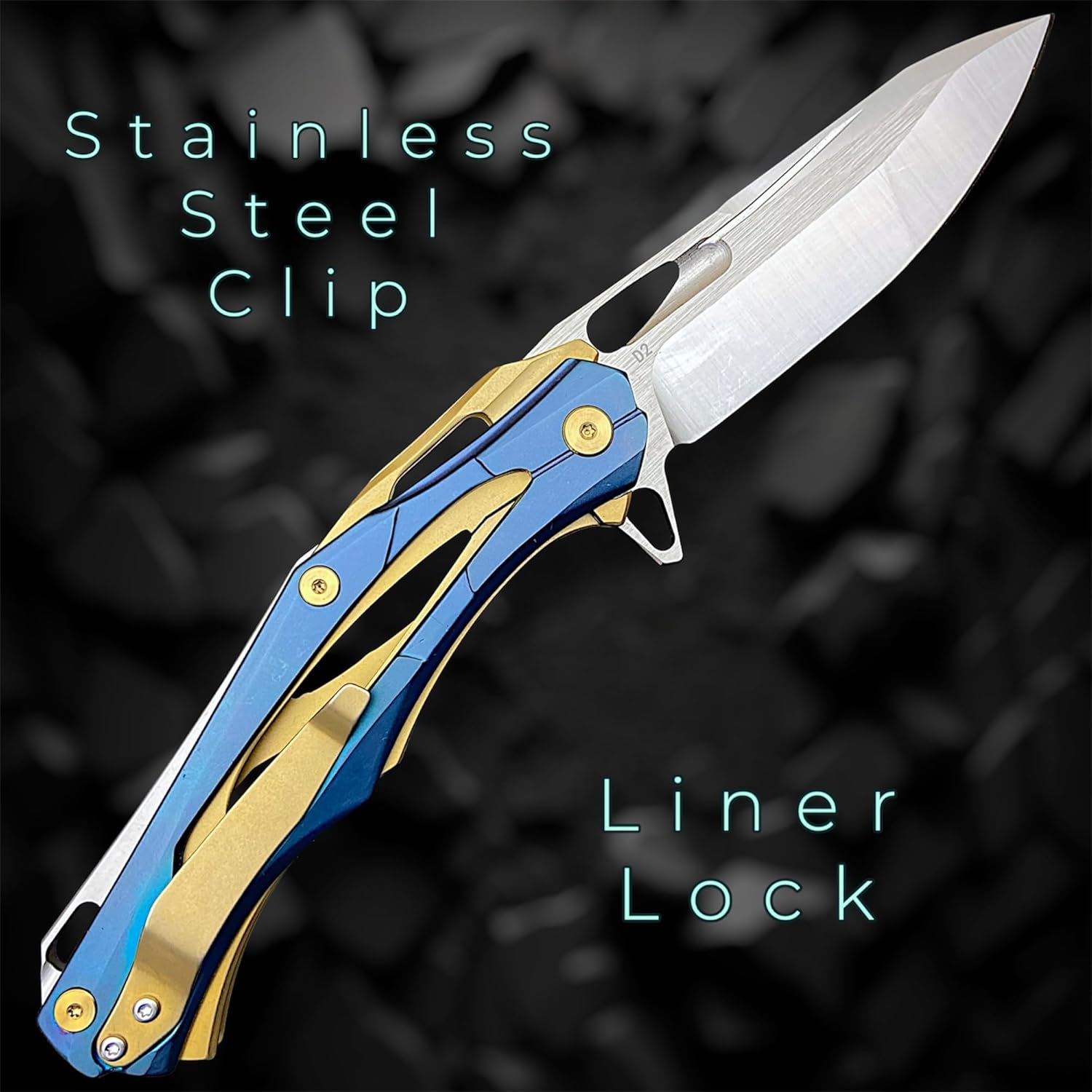 TACTICAL GEARZ Stainless Steel Pocket Knife, Stainless Steel Handle, D2 Steel Drop Point Blade, Ball Bearing Pivot! (Kronus Blue/Gold)
