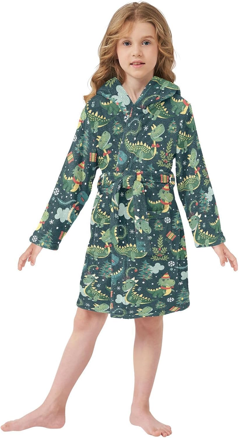 senya Christmas Dinosaur A Toddler Hooded Bathrobe Kids Soft Plush Bath Towel Robes for Boys Girls 2-12 Years
