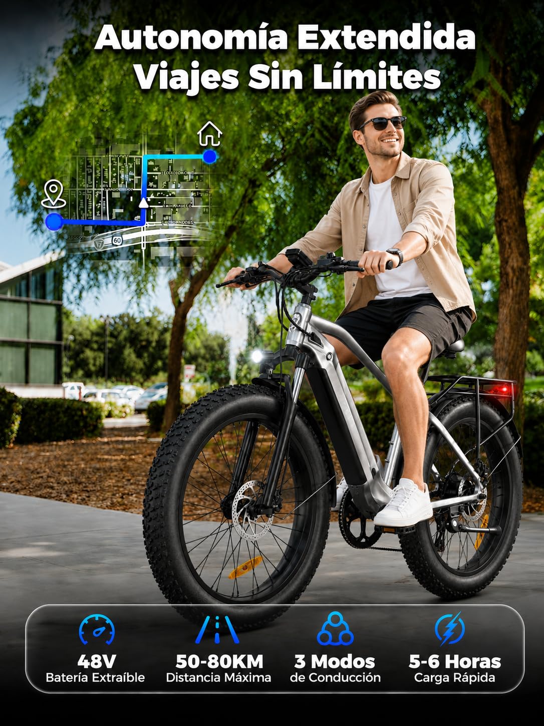 Bodywel D6 Bicicleta Eléctrica, 26x4.0 Fat Bike Bici Electrica Adultos Montaña, Batería de 48V 15Ah, Motor 250W, 7 Velocidades, Horquilla de Suspensión, Frenos de Disco Hidráulicos