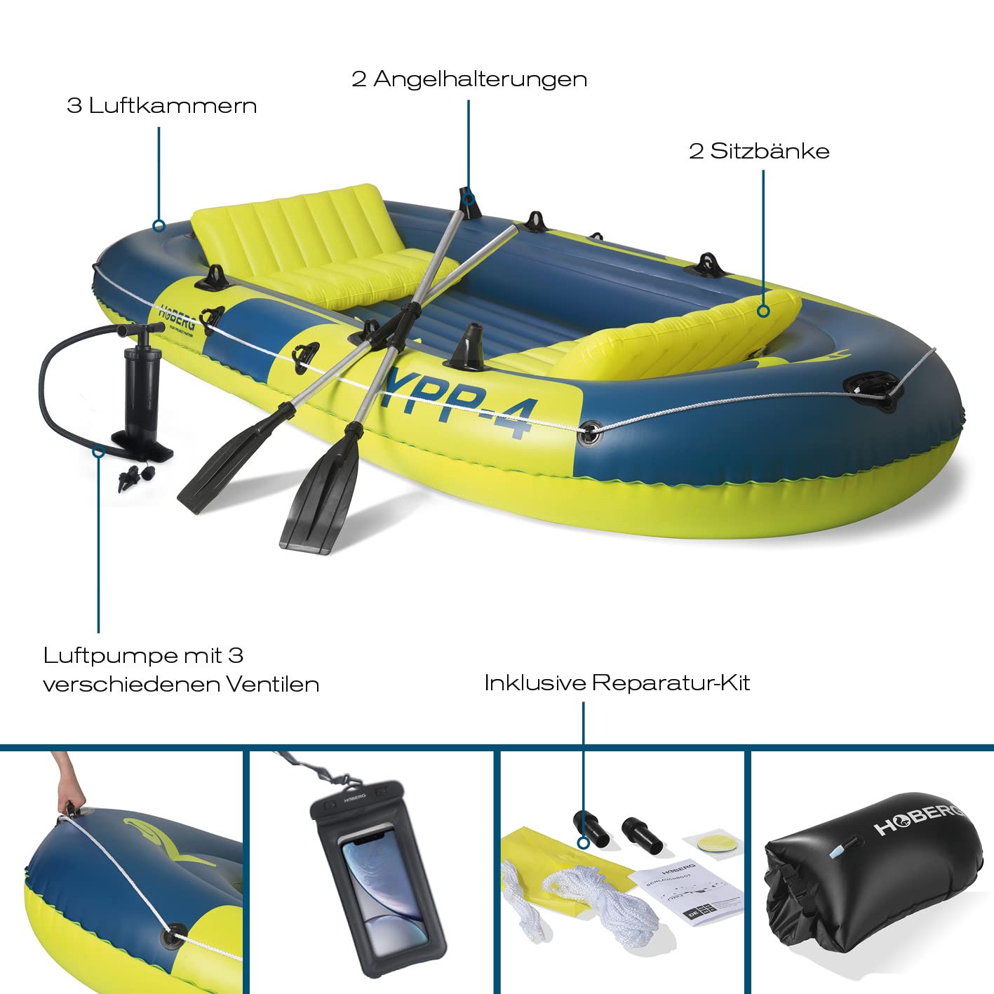 Hoberg Schlauchboot 4-Sitzer YPP-4" | Für 4 Personen | Maße 322 x 165 cm & bis 360 kg belastbar | Mit 2 Sitzbänken, 2 Paddeln, Pumpe, Reparatur-Kit, 2 Angelhalterungen & weiterem Zubehör [Blau/Gelb]