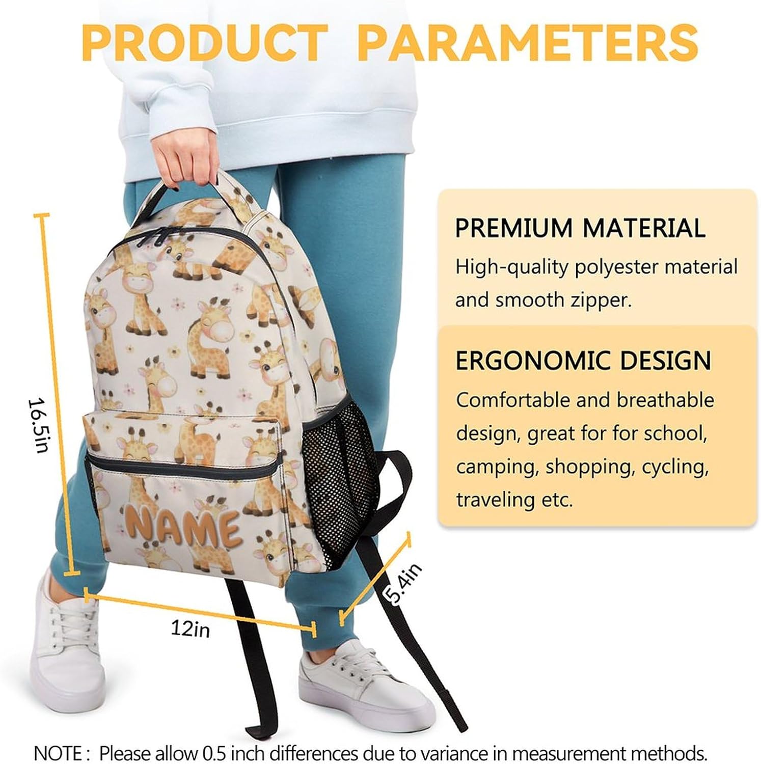 UNIKITTY Personalized Giraffe Backpack for Girls Boys, 16 Inch Yellow Backpacks with Adjustable Straps, Cute, Large Capacity Bookbag for Kids School