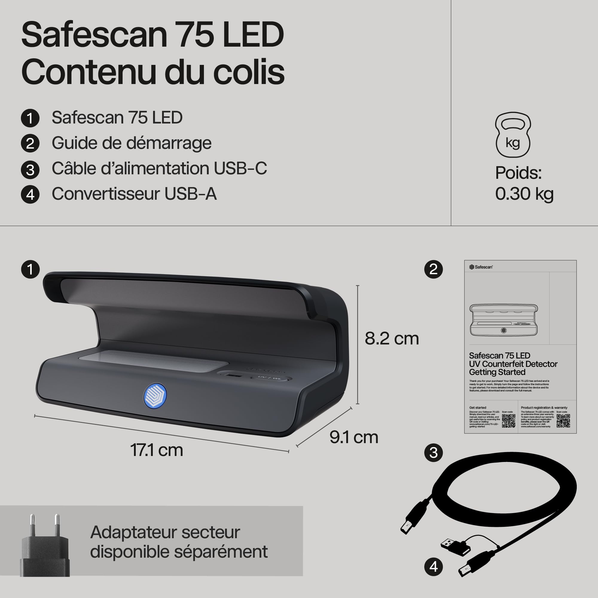 Safescan 75 LED Détecteur de faux billets UV & lumière blanche ultra-lumineuse – Détecteur de faux billet vérifie aussi cartes bancaires et ID – Machine à billet avec triple détection – Détecteur UV