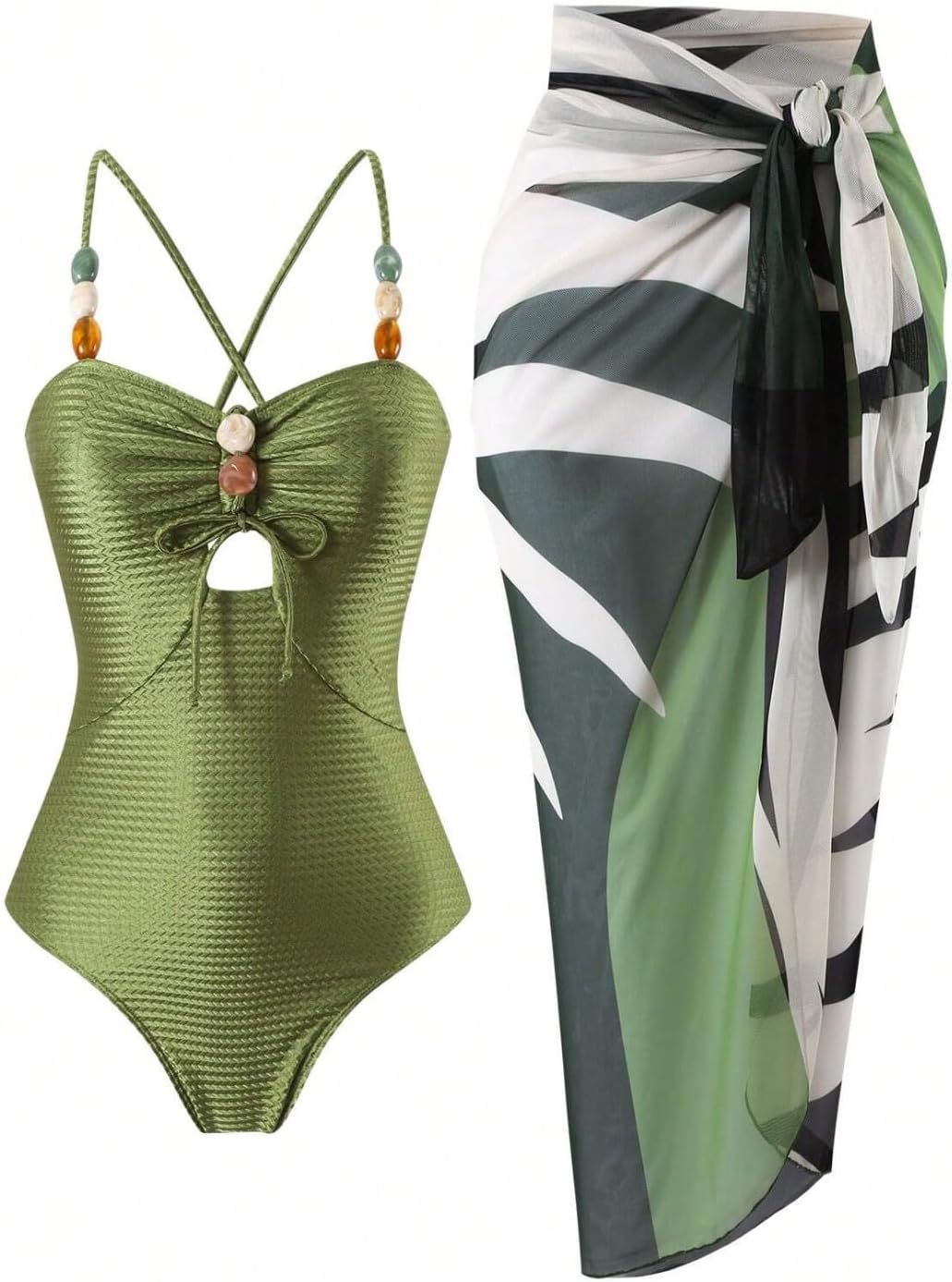 Women's One Piece Swimsuit with Beaded Straps and Striped Sarong Cover Up, 2 Piece Swimwear Set, Beach Outfits