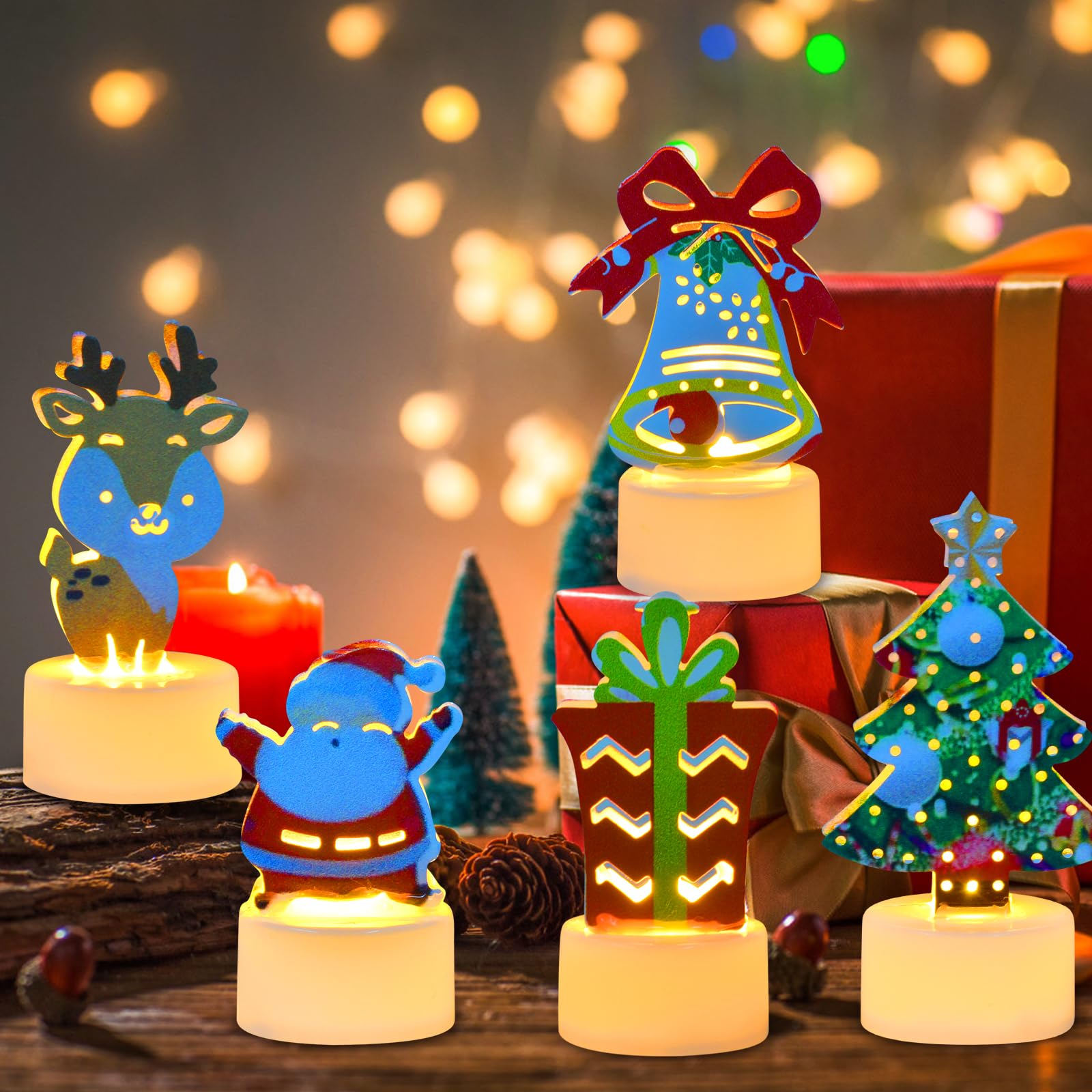 Forhome 5 velas LED decorativas navideñas, tema de Navidad, velas de té LED eléctricas, sin llama, funciona con pilas, para decoración de Navidad, decoración del hogar, decoración de mesa