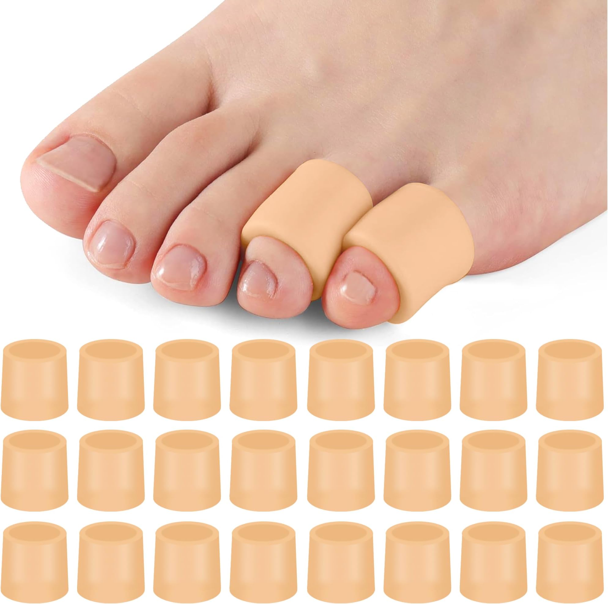Silicone Toe Sleeves (24 Count), Pain Relief Pinky Toe Protector, Corn Protectors for Toes, Corn Pads for Pinky Toe, Gel Toe Protector for Bunion Blisters, Corns, Hammer Toes, Toenails Loss (Nude)