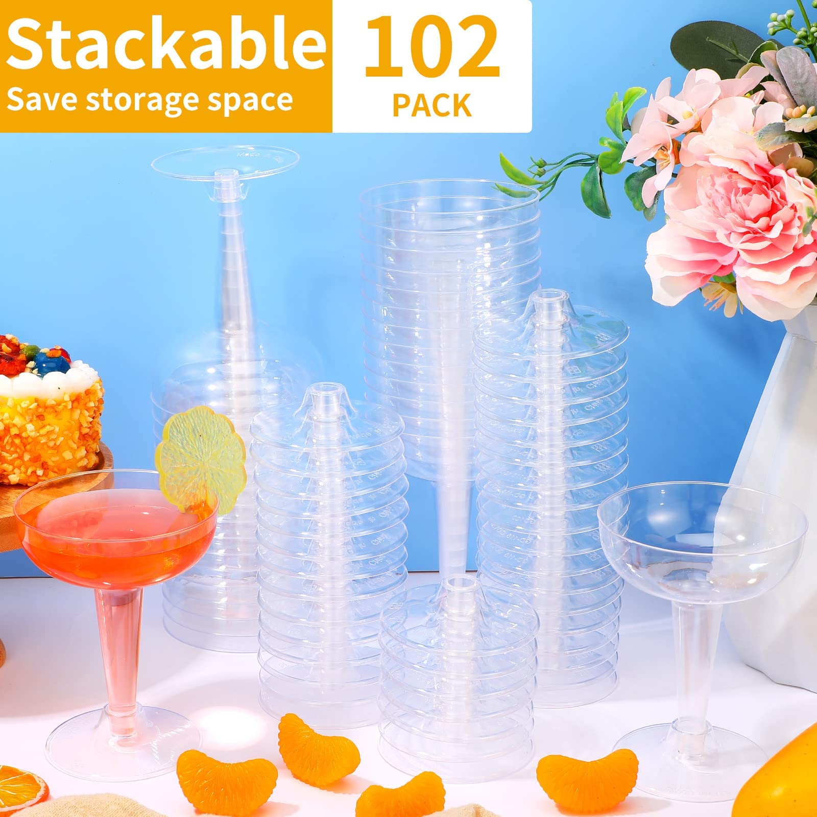 Pack of 102 Cocktail Glasses 4oz Plastic Party Champagne Cups Disposable Martini Stackable Stemmed Glasses Plastic Coupe Glasses Champagne Shatterproof Plastic Glasses for Wedding Parties