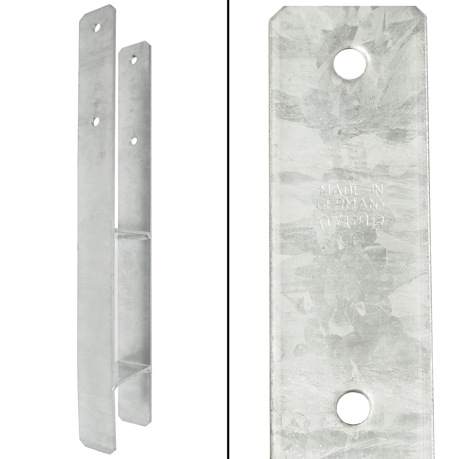 Set of 4 H-Anchors/Post Brackets 111 x 600 mm Hot-Dip Galvanised Set with Screws, Nuts, Discs for Posts, Fence, Carport, Canopies