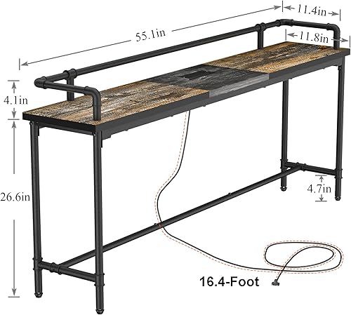 Miniatura 3 de VECELO Consolamesa de sofá de 55 pulgadas con estación de carga y toma de corriente, industrial estrecha detrás del sofá, para entrada, pasillo,