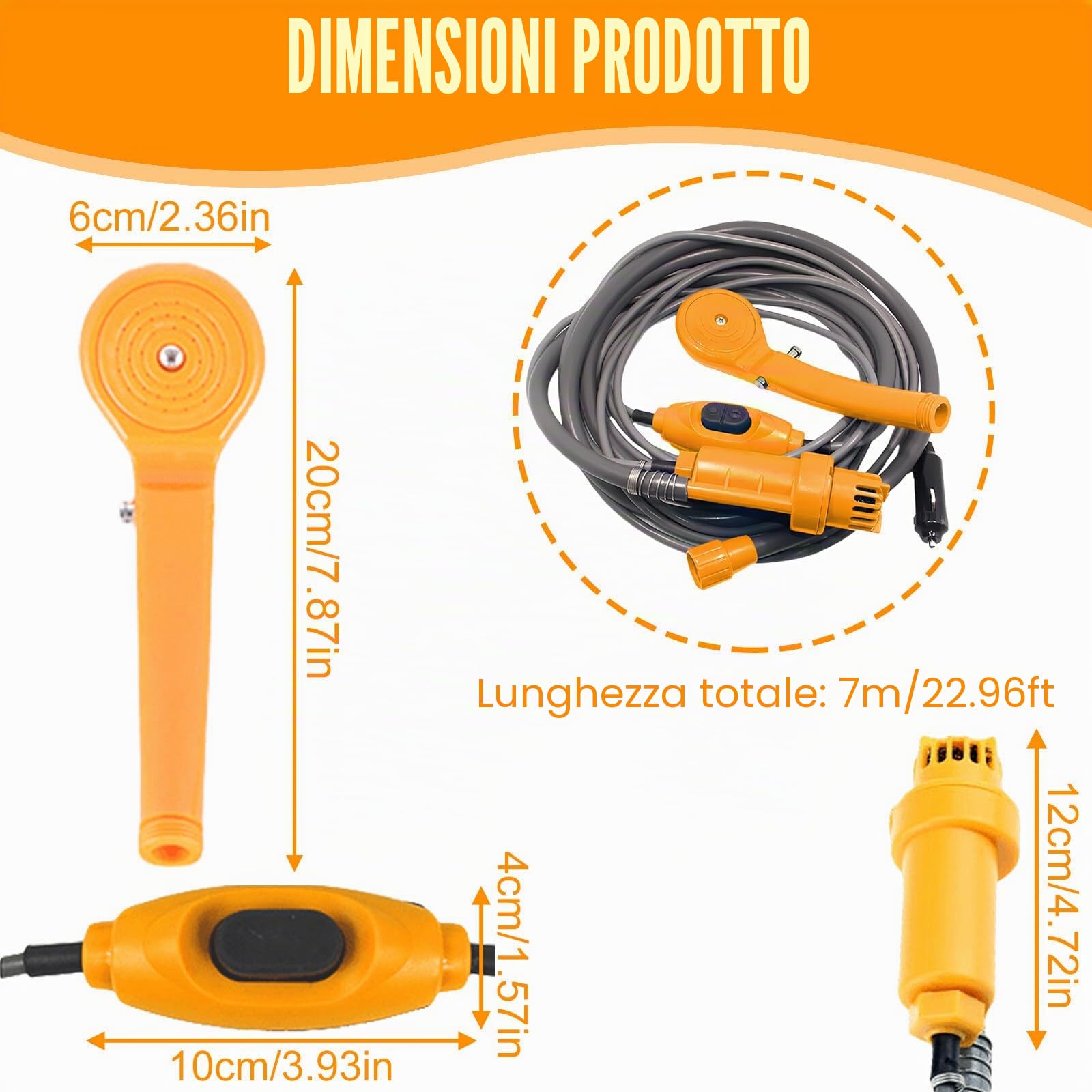 Aicharynic Doccia da campeggio, 12 V, portatile da campeggio con pompa, set doccia mobile con soffione e tubo, doccia da campeggio, tubo flessibile per campeggio, viaggi, giardino, pulizia animali