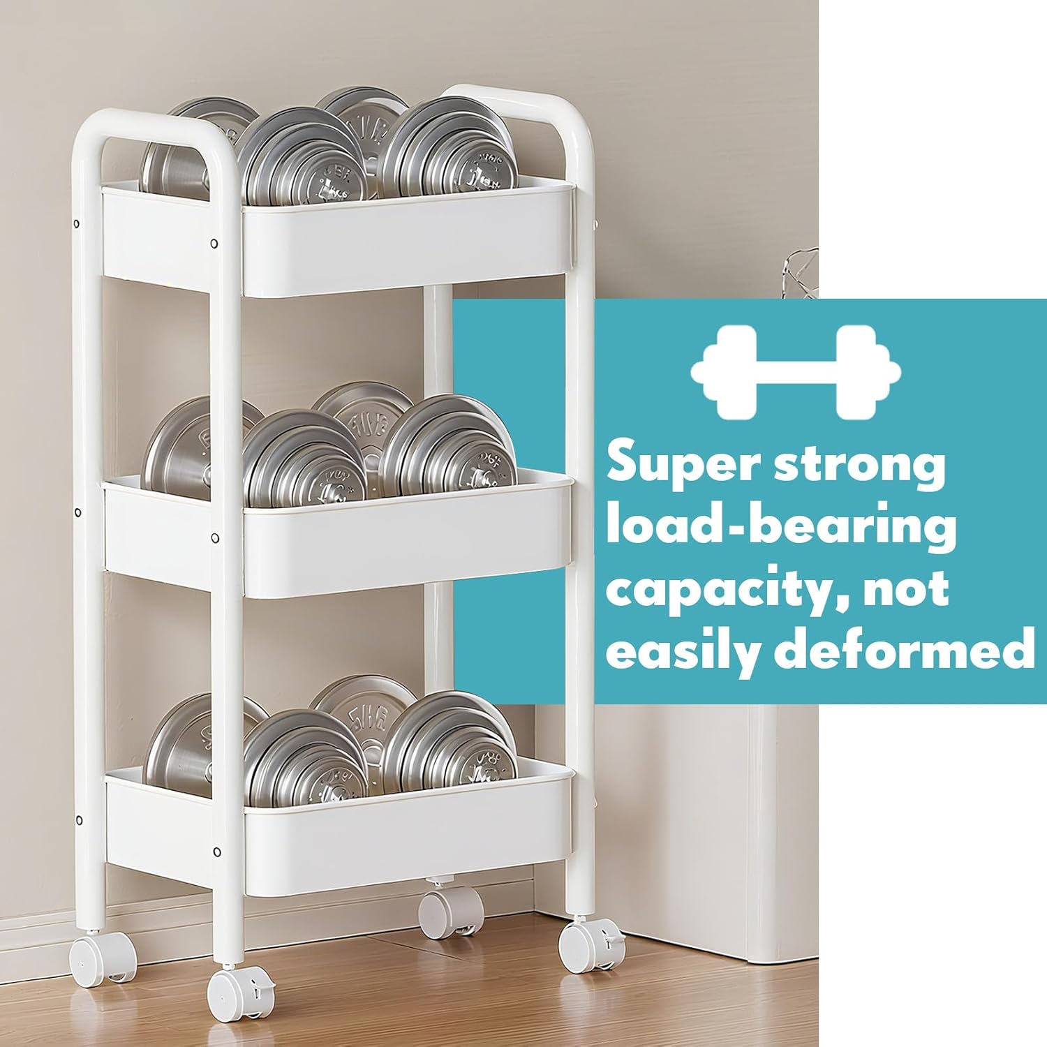 3 Tier Metal Rolling Cart, Heavy Duty Utility Storage Organizer with Lockable Wheels, Mobile Utility Cart for Livingroom, Bathroom, Kitchen, & Narrow Places, White