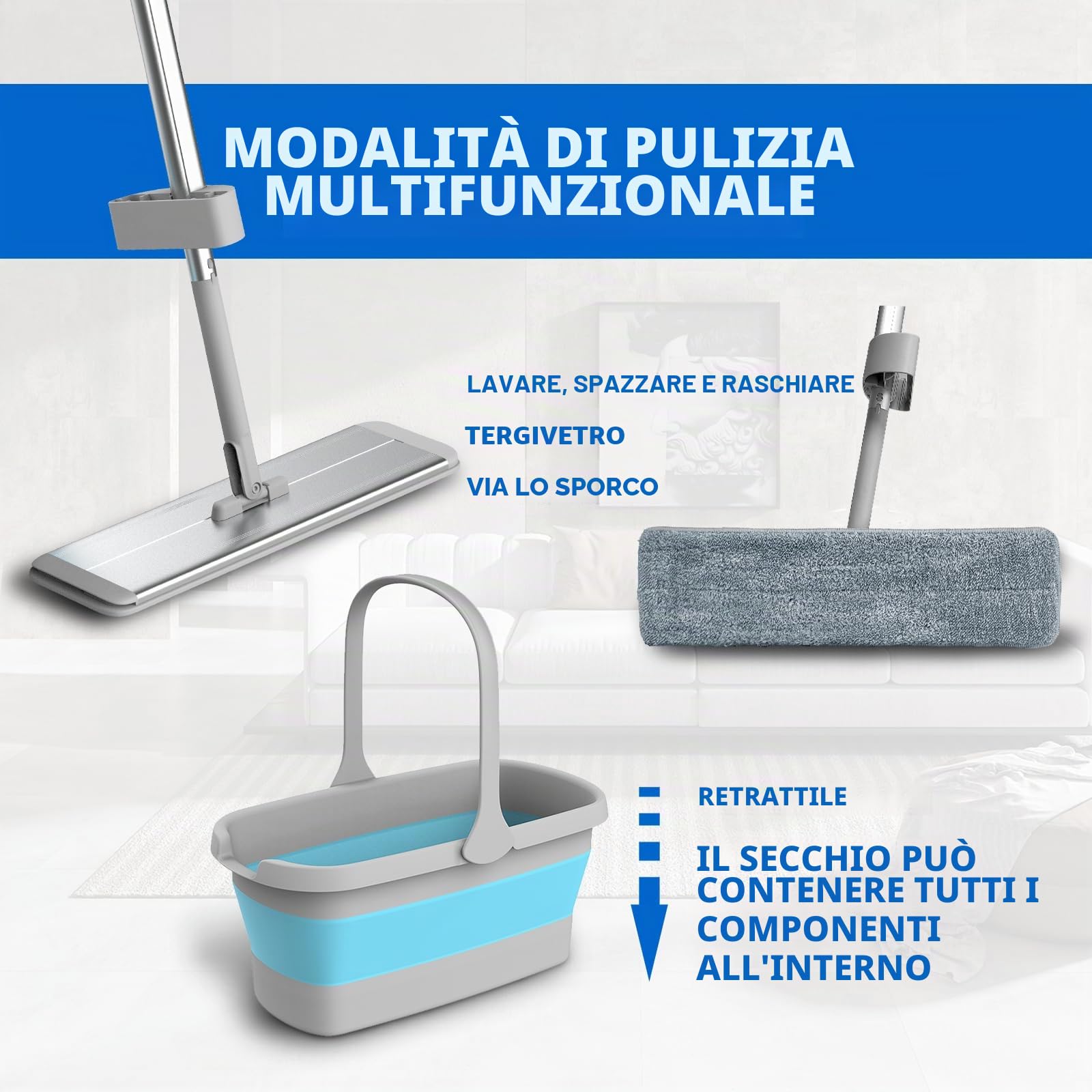 Mocio piatto in alluminio premium da 400 mm con set di secchio pieghevole e panni microfibra riutilizzabili per mocio a mani libere spremere 134 cm manico bagnato