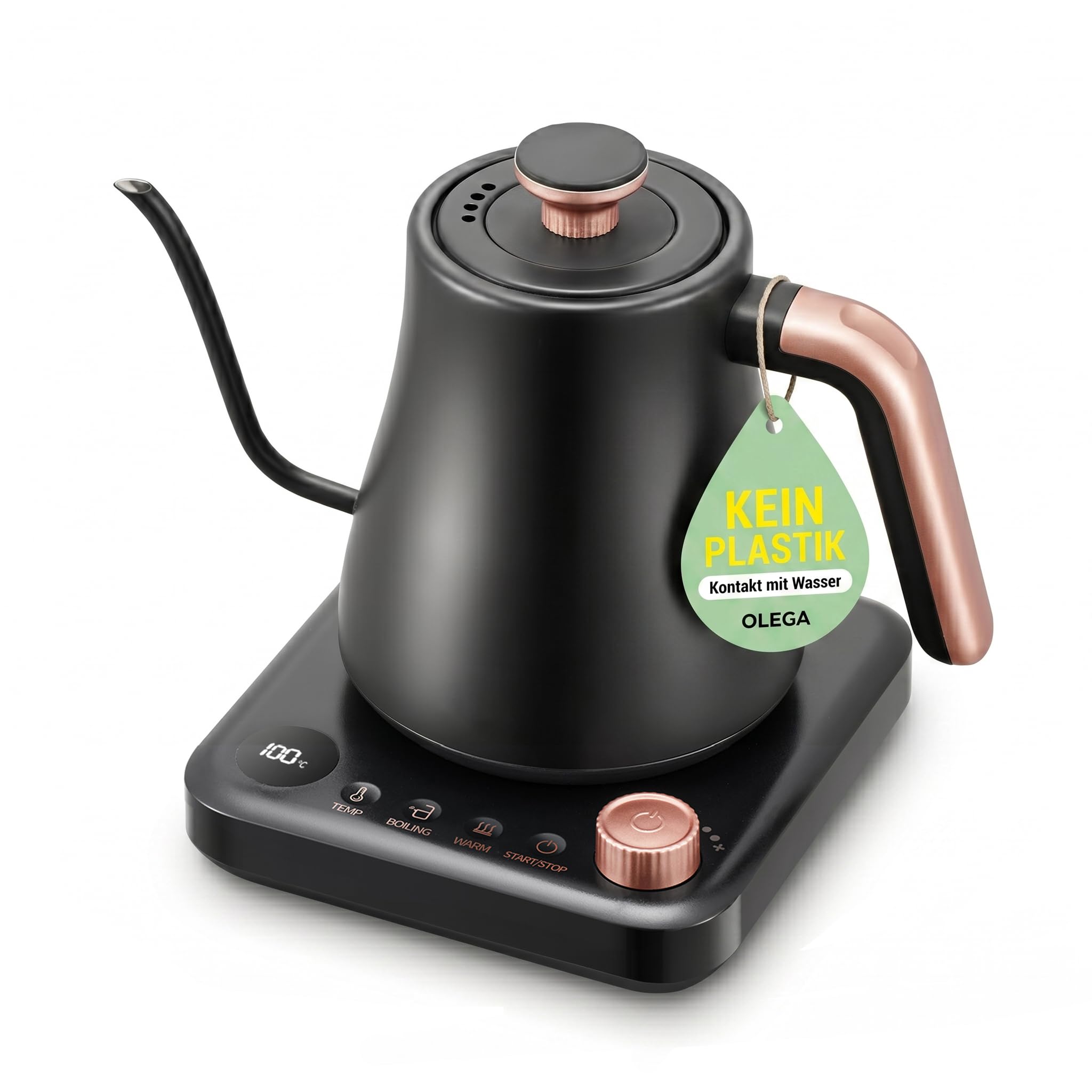 OLEGA wasserkocher schwanenhals: 1200W wasserkocher mit temperatureinstellung, 0.8L Edelstahl schwanenhals wasser kocher, LED-Anzeige & Warmhaltefunktion kettle, Geeignet für Kaffee und Tee, schwarz
