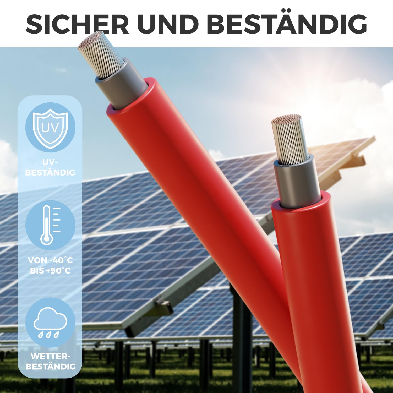 deleyCON 50m Solarkabel 6mm² Photovoltaik-Kabel 1,5kV DC - Rot | Hochwertig für PV-Anlagen, UV-beständig, halogenfrei, 1kV AC, ideal für feste Verlegung und PV-Steckkontakte
