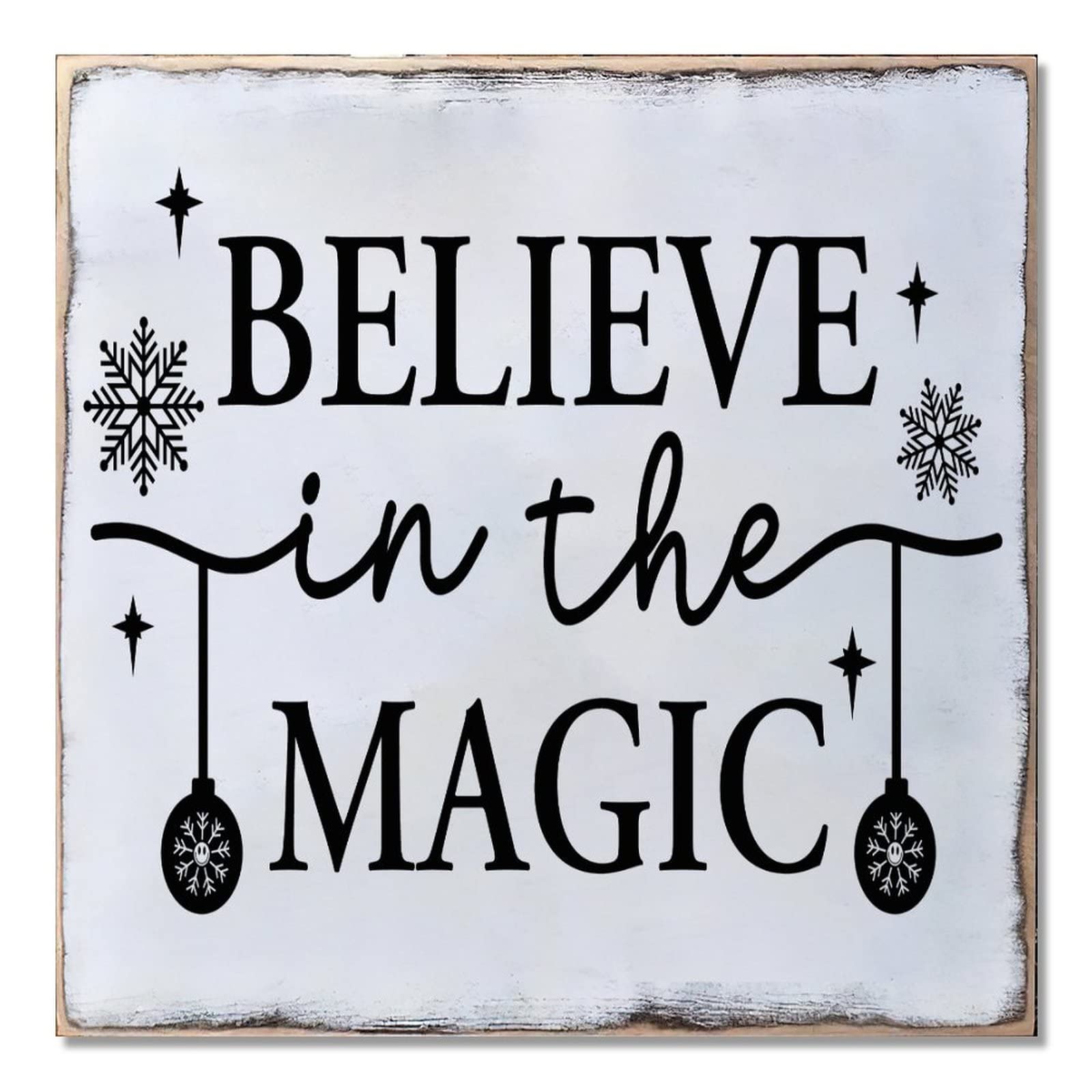 Panneau mural en bois Believe in The Magic déco Noël chic 41x41 cm
