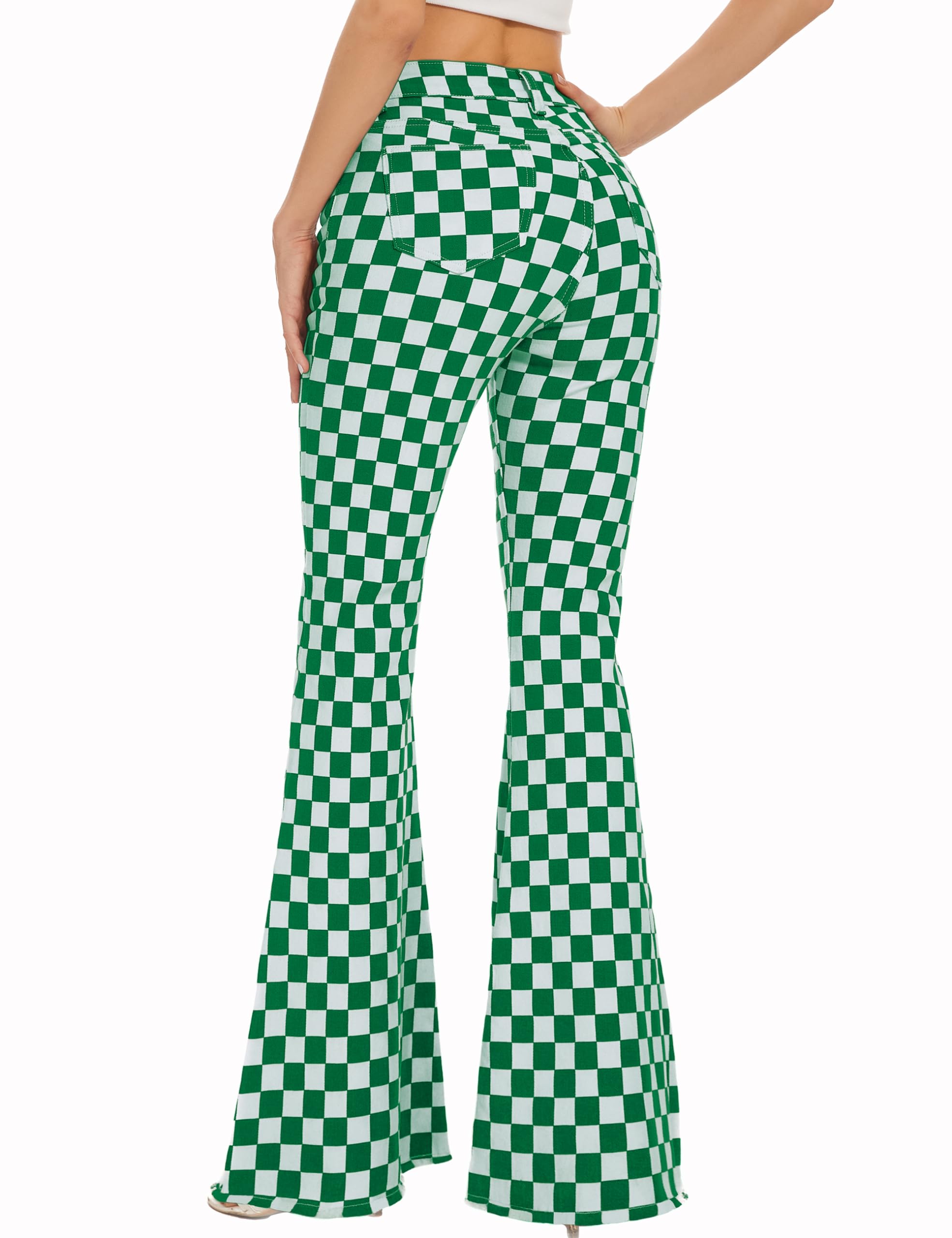 Bell Bottom Jeans für Damen, hohe Taille, Stretch, kariert, ausgestellt, Denim, Bootcut-Hose