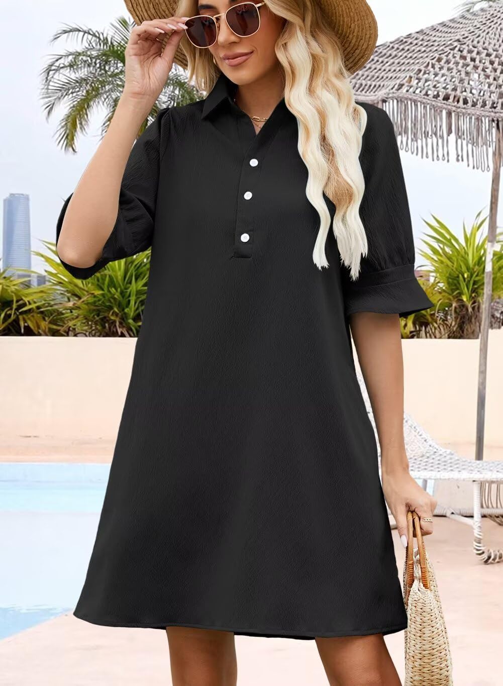 Wkior Women's Casual Shirt Dress Button Down Ruffle Sleeve Shift Summer Mini Dresses with Pockets - Image 4