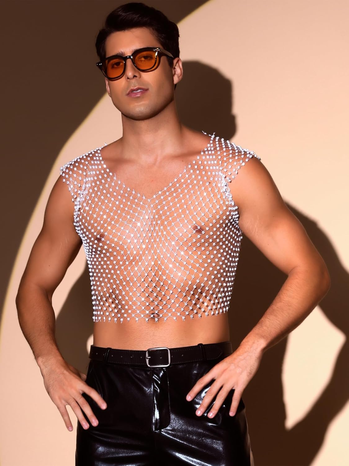 Lars Amadeus Sparkle Rhinestone Vest for Men's V-Neck Sleeveless Party Shiny Mesh Tank Top - Image 2