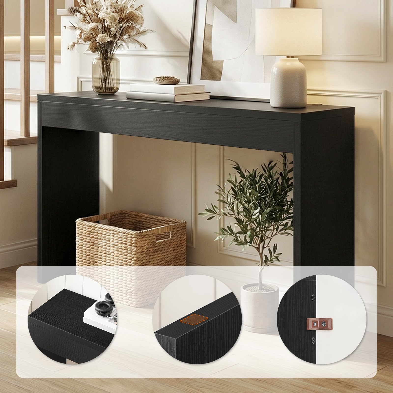 HOOBRO 120 cm Konsolentisch, Beistelltisch, schmaler Eingangstisch, Sofatisch, offener Stauraum, Schlichter Stil, für Eingang, Diele, Wohnzimmer, Schlafzimmer, Esszimmer, Flur, Schwarz EBK123XG01