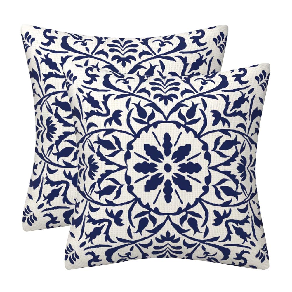 GAAFOSIPH Navy Blue Cushion Covers 45 x 45 cm Bohe Retro Double Sided Printed Set of 2 Decor 18 x 18 inches Pillow Cover Outdoor Garden Decoration Linen Square Pillowcase for Sofa Couch Bed