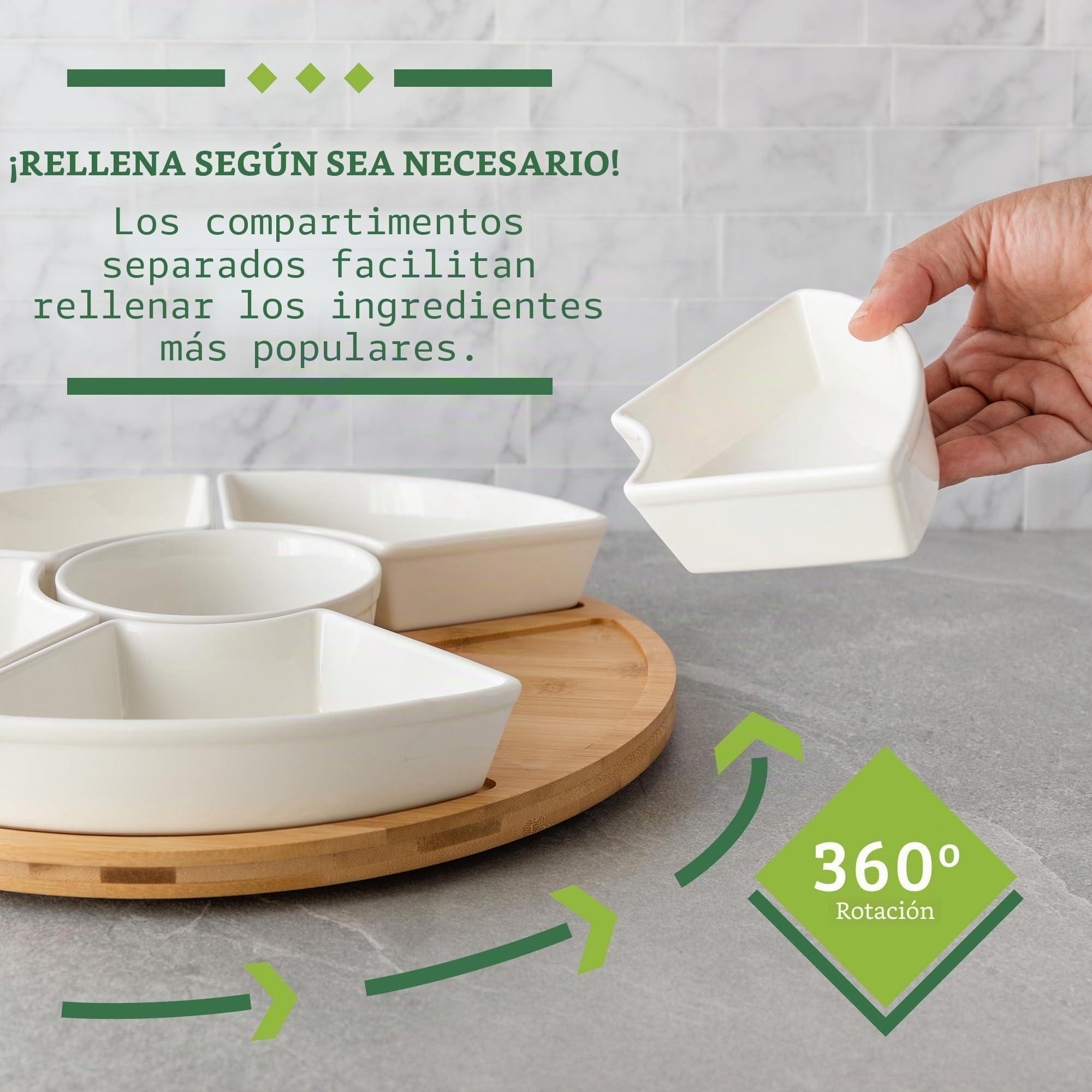 Bandejas para Servir Comida - Bandeja Cocina Cerámica para Servir Tacos - Bandeja Giratoria Madera para Tapas y Aperitivos - Fuente para Servir Patatas Fritas Aceitunas Salsas (33 cm) | Lazy Susan - Juego de 6 platos extraíbles para servir tacos para una