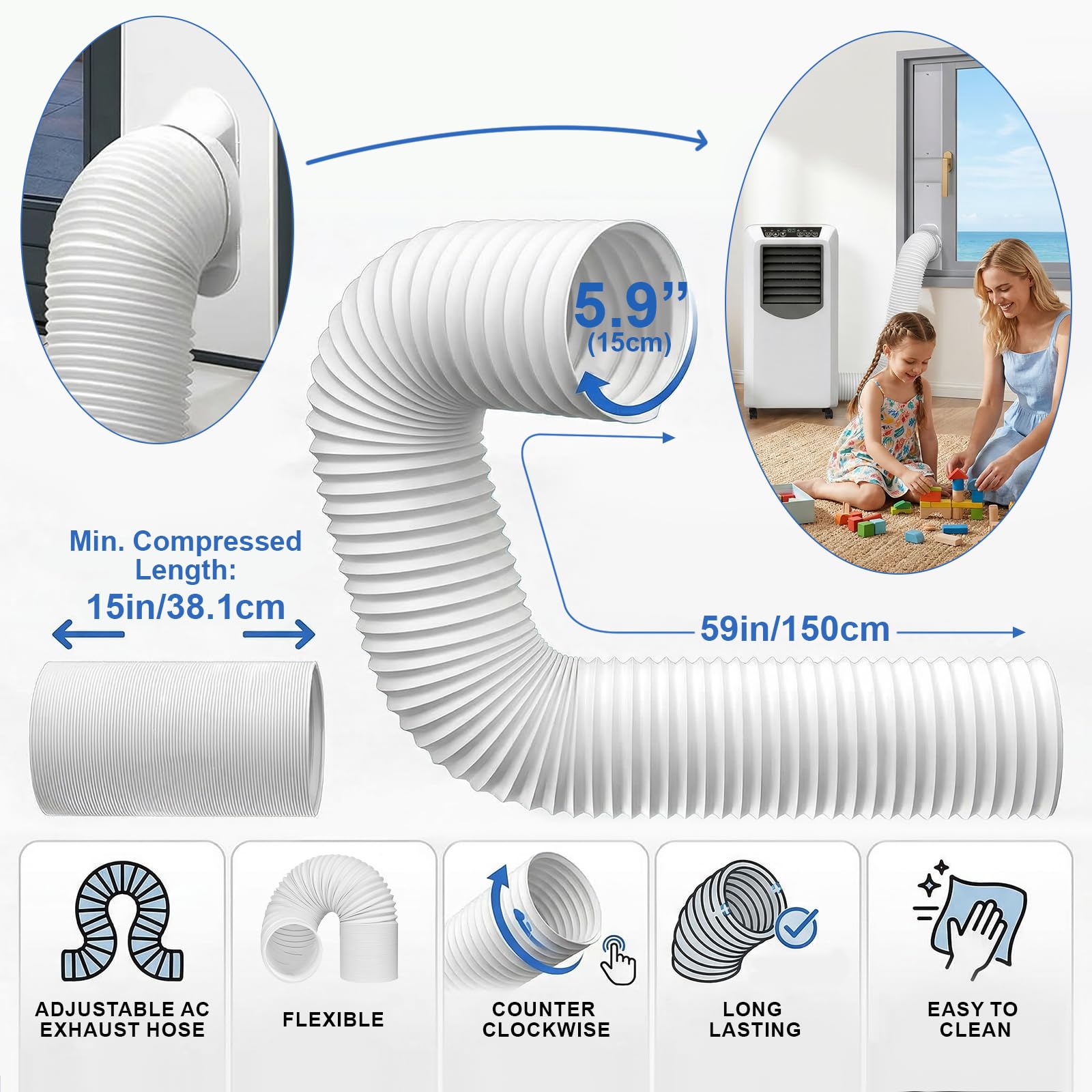 Kit Ventana Aire Acondicionado, 4 Placas de Sellado Kit Puerta de Corredera Ajustable 43-150cm, Accesorios Aire Portátil con Tubo 150mm de Diámetro para Ventanas Correderas