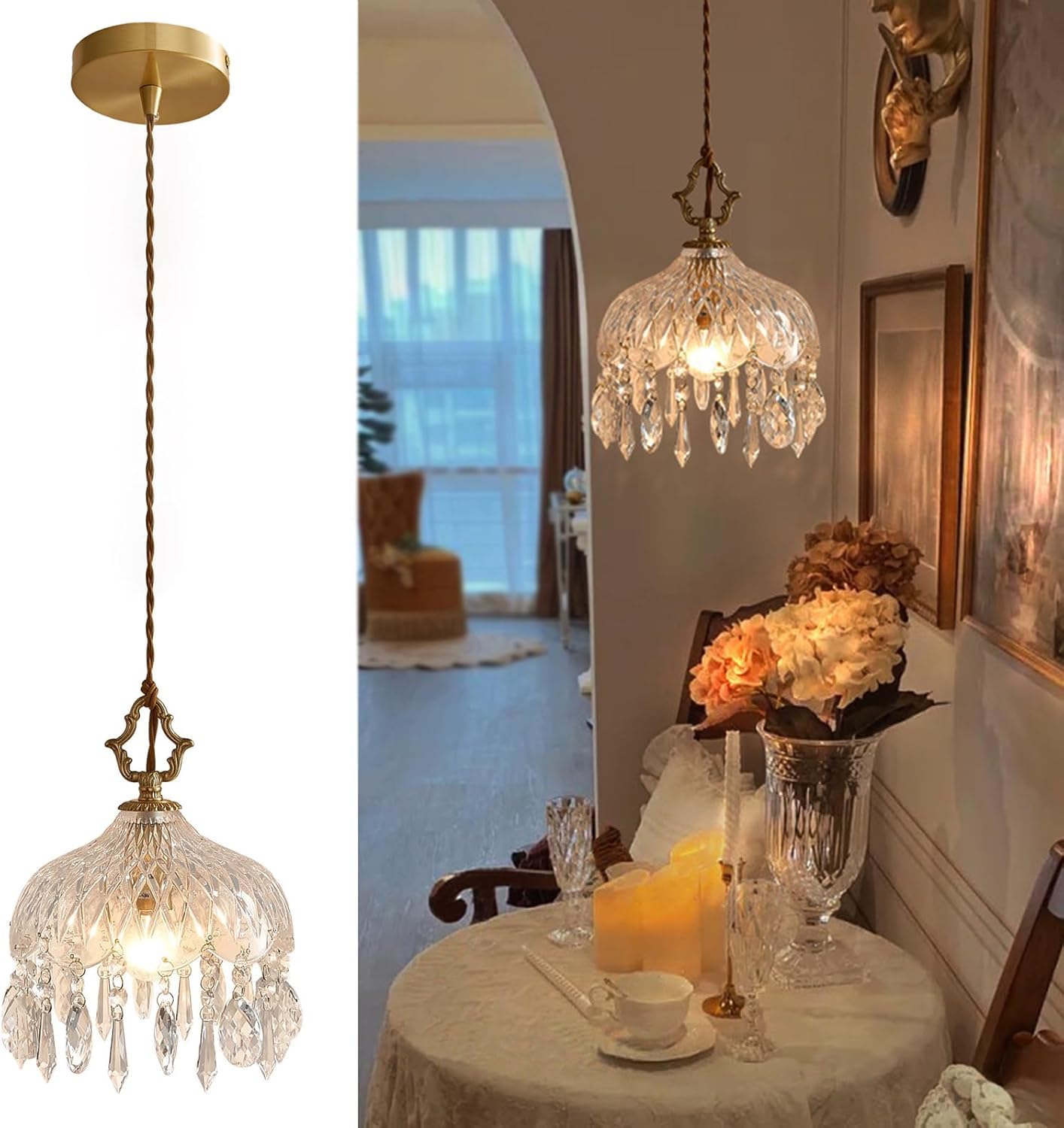 Duży kryształowy żyrandol w stylu vintage - wykończenie antycznej miedzi, przezroczysty szklany klosz, mini lampa wisząca idealna do salonu, jadalni, przedpokoju, sypialni