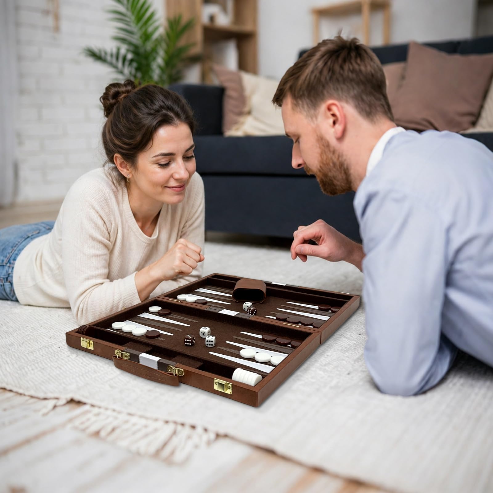 Backgammon Set, 15" Klassisches Backgammon Koffer, 2 Spieler Brettspiel Tragbares Reise Strategie Spiel Set für Erwachsene Kinder (15 Zoll, Braun)