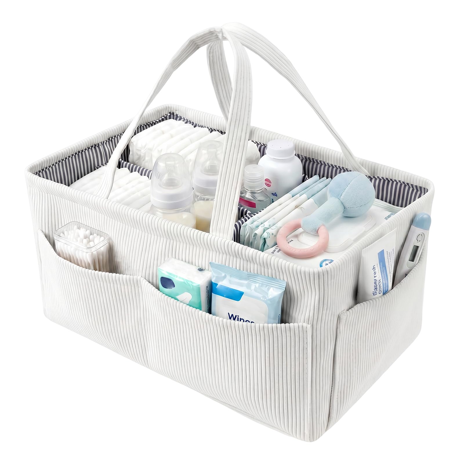 JEJUWE Baby Nappy Caddy Organiser Portable Nursery Storage Bin with Compartment and Handle Baby Diaper Caddy Organizer Newborn Nappy Wipe Basket Easy to Clean Newborn Essential Gifts for Boys Girls