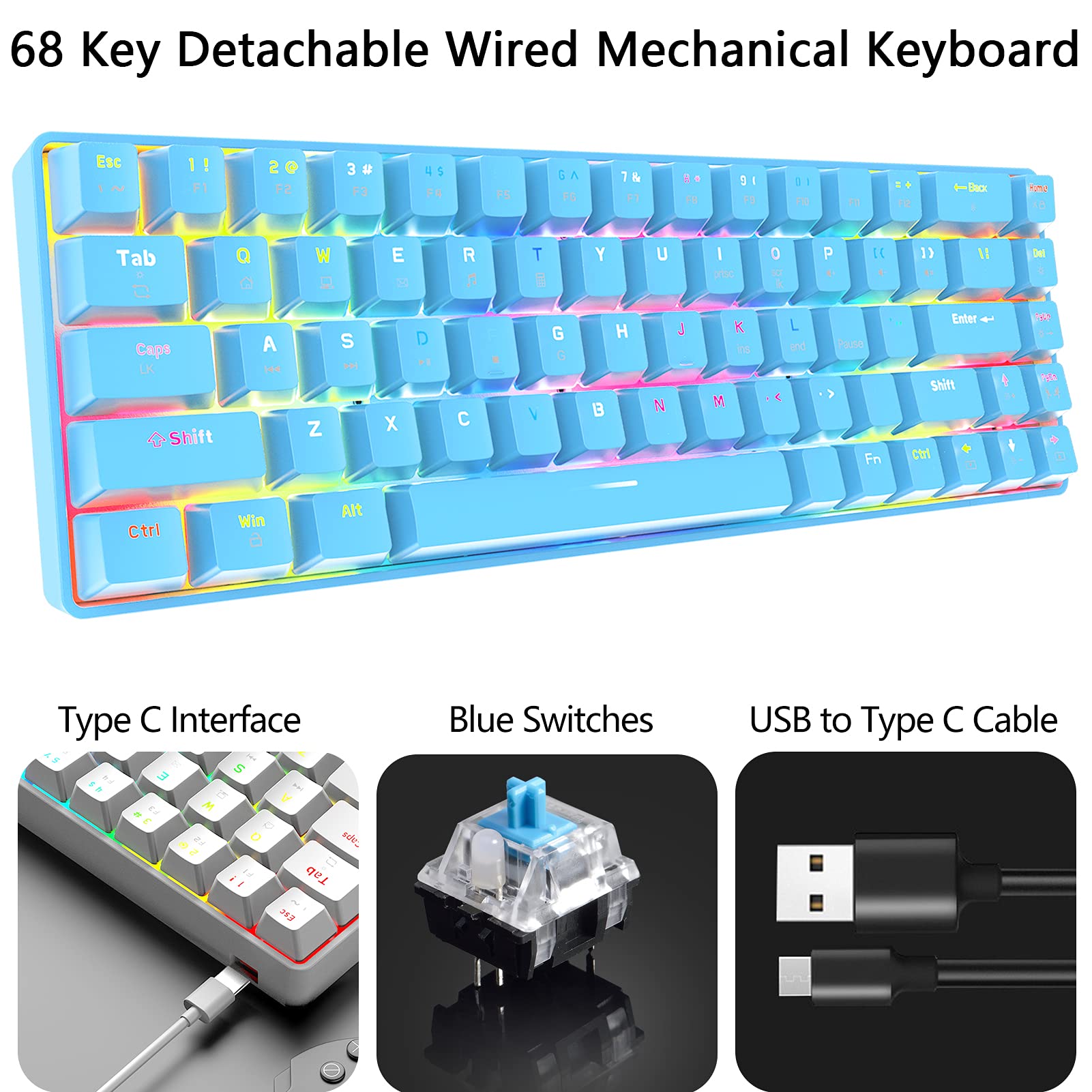 RGB Gaming Tastatur und Maus Set, 68 Tasten Blauer Schalter 60% Mini Chroma Mechanische Tastatur, 6400DPI Leichte Optische Waben Maus, USB-Kabel, Kompatibel mit Windows Mac PS4 Xbox, Blau