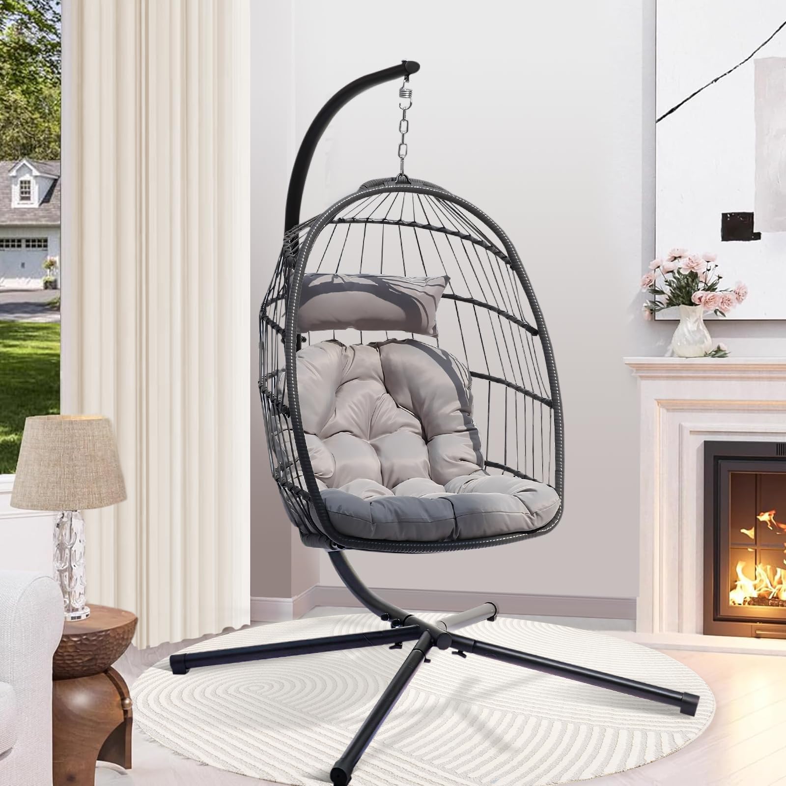 Lishetimig Hanging Egg Chair with Stand, Outdoor Indoor Swing Chairs, Rattan Foldable Hammock Chair Include Comfortable Cushion Headrest, 350LBS Capacity for Patio, Garden, Bedroom, Balcony (Grey)