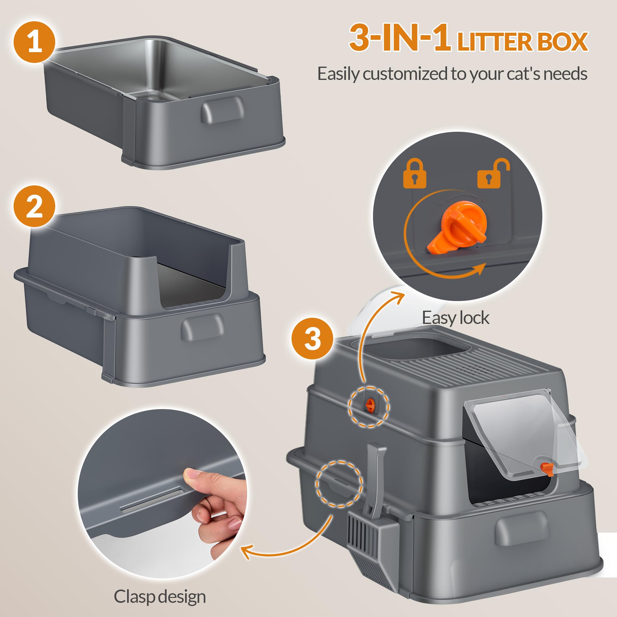 Lettiera Acciaio Inox Gatto con Cassetto e Coperchio, 65L x 44I x 40H cm, XXL Lettiera in Metallo con Pedale e Paletta, Controllo Degli Odori, Facile da Pulire, Due Ingressi, Grigio Scuro