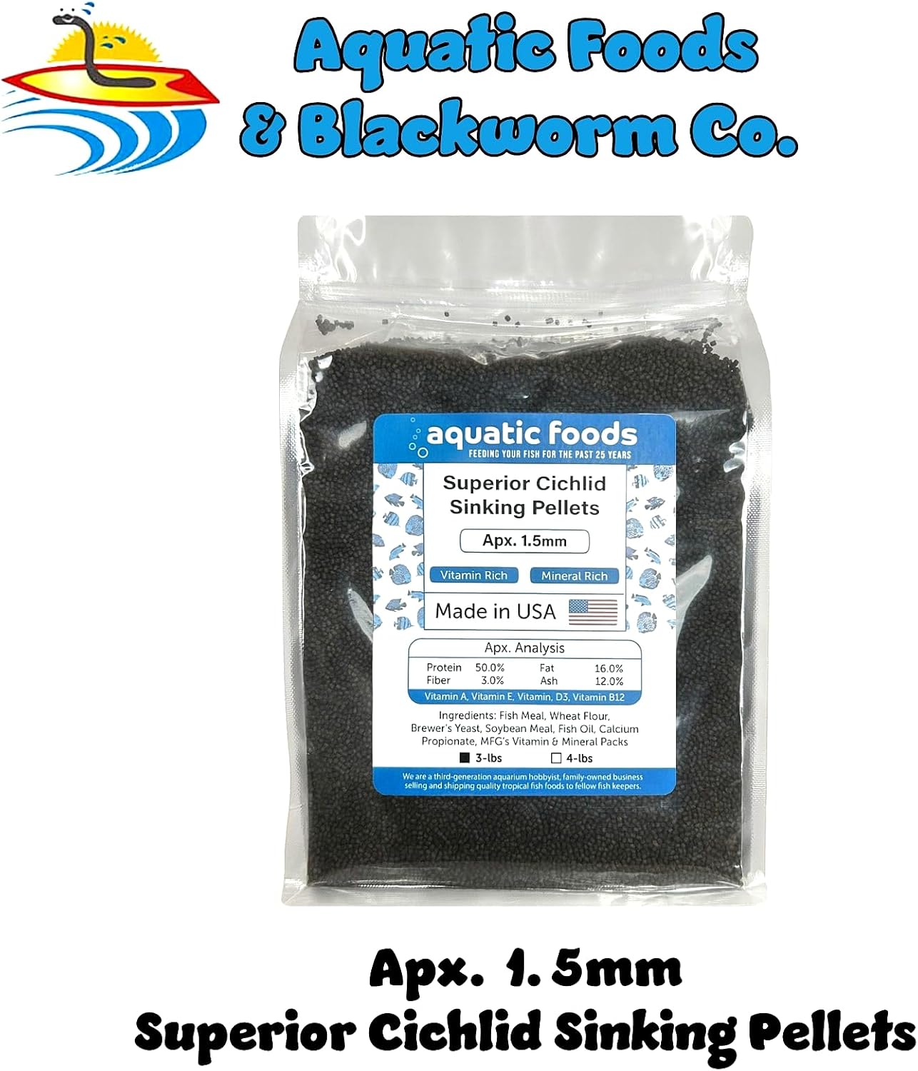 Aquatic Foods Inc. Superior Cichlid 1.5mm Sinking Pellets. 50% Protein Premium Pellets for All Juvenile & Small Central and South American Cichlids…3-lbs Clear Bag