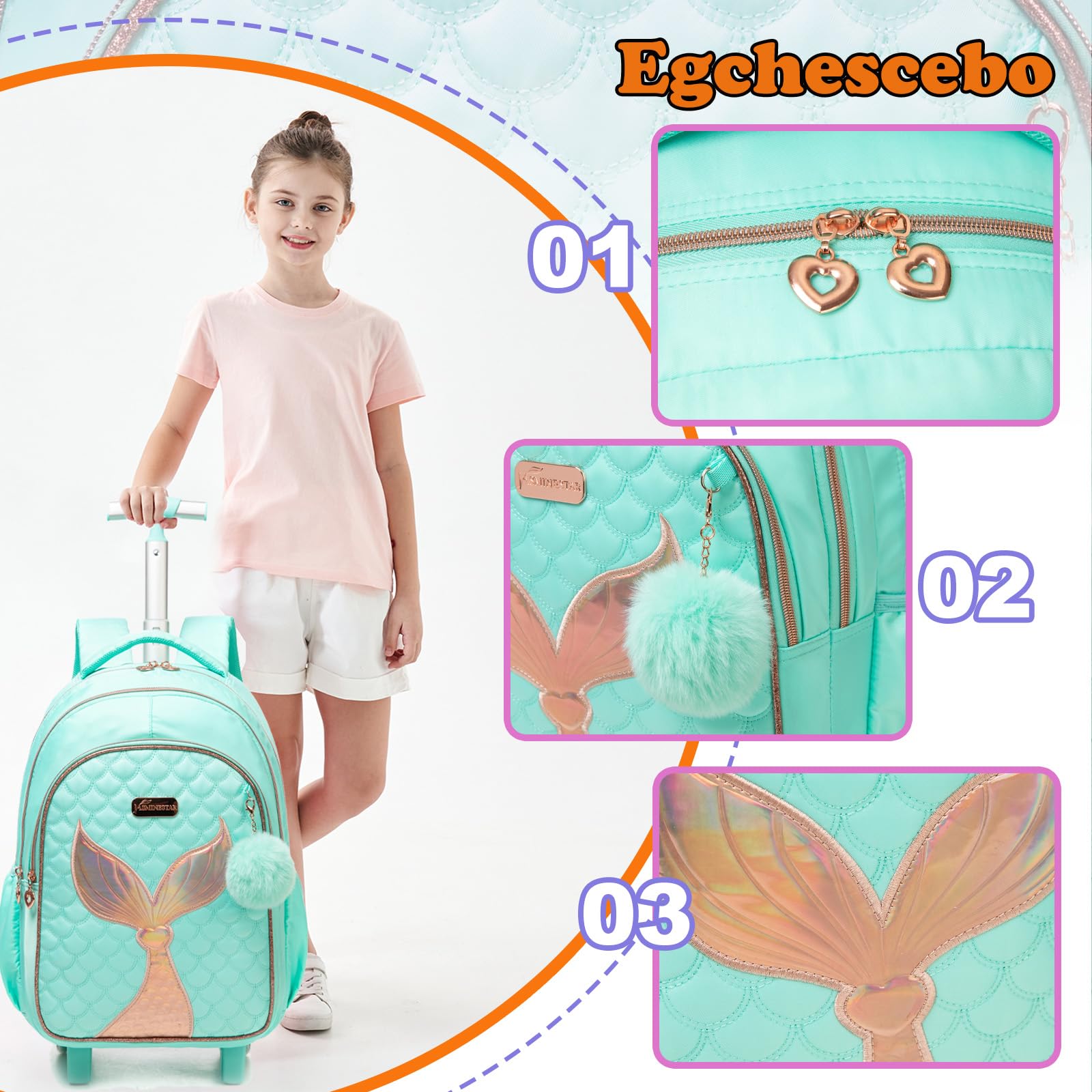 Mochilas Escolares con Sirena Ruedas Carro Niña 17" 3PCS Mochila Carrito para Trolley Escolar Bolso de Viaje Estuche Stitch Mujer Maleta Colegio Grande Medianas Infantil Niñas Azul Cielo