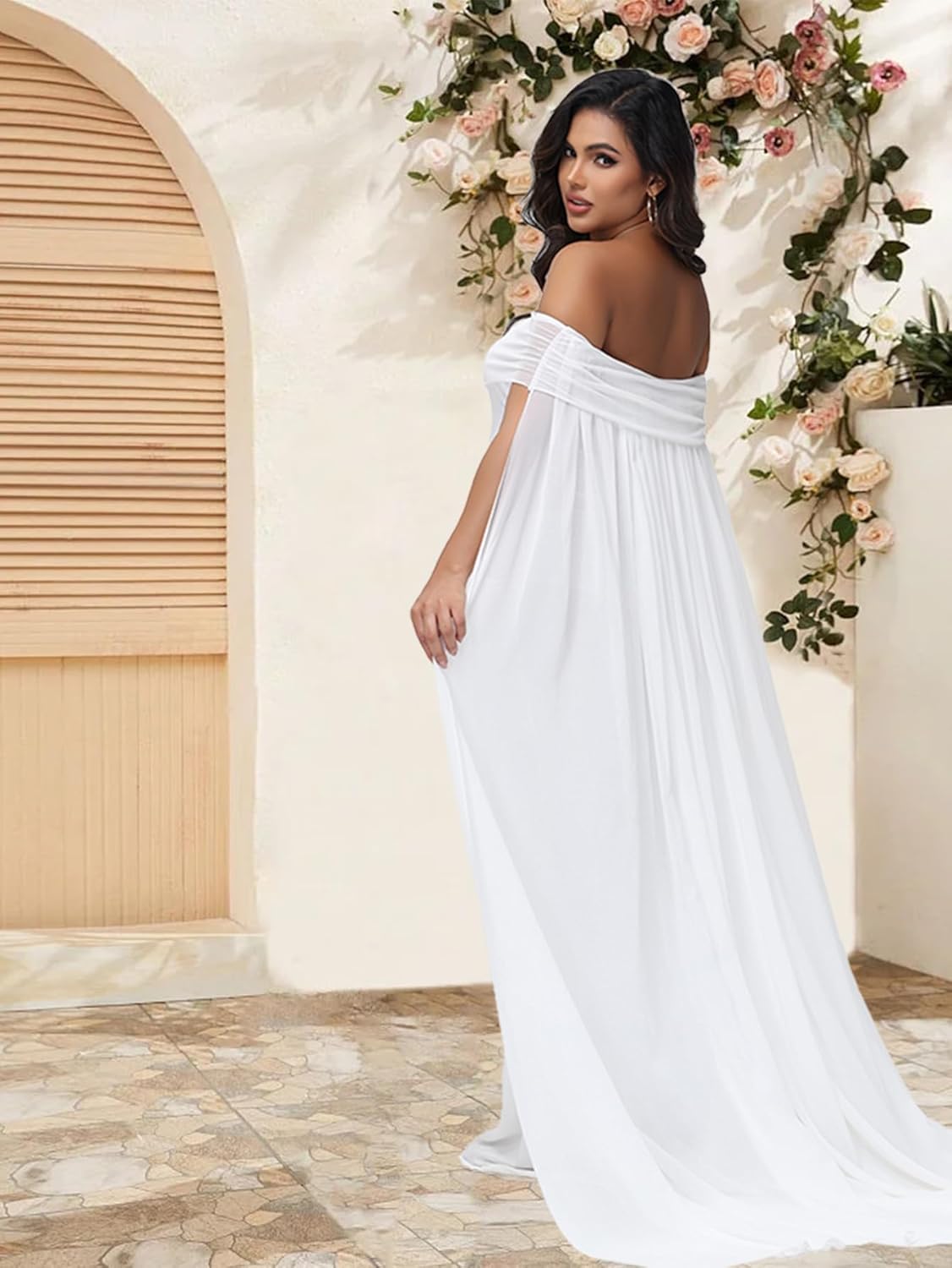JustVH Women's Maternity Mesh Off Shoulder Chiffon Maxi Photoshoot Dress for Baby Shower Cloak Outfit Maxi Photography Gown