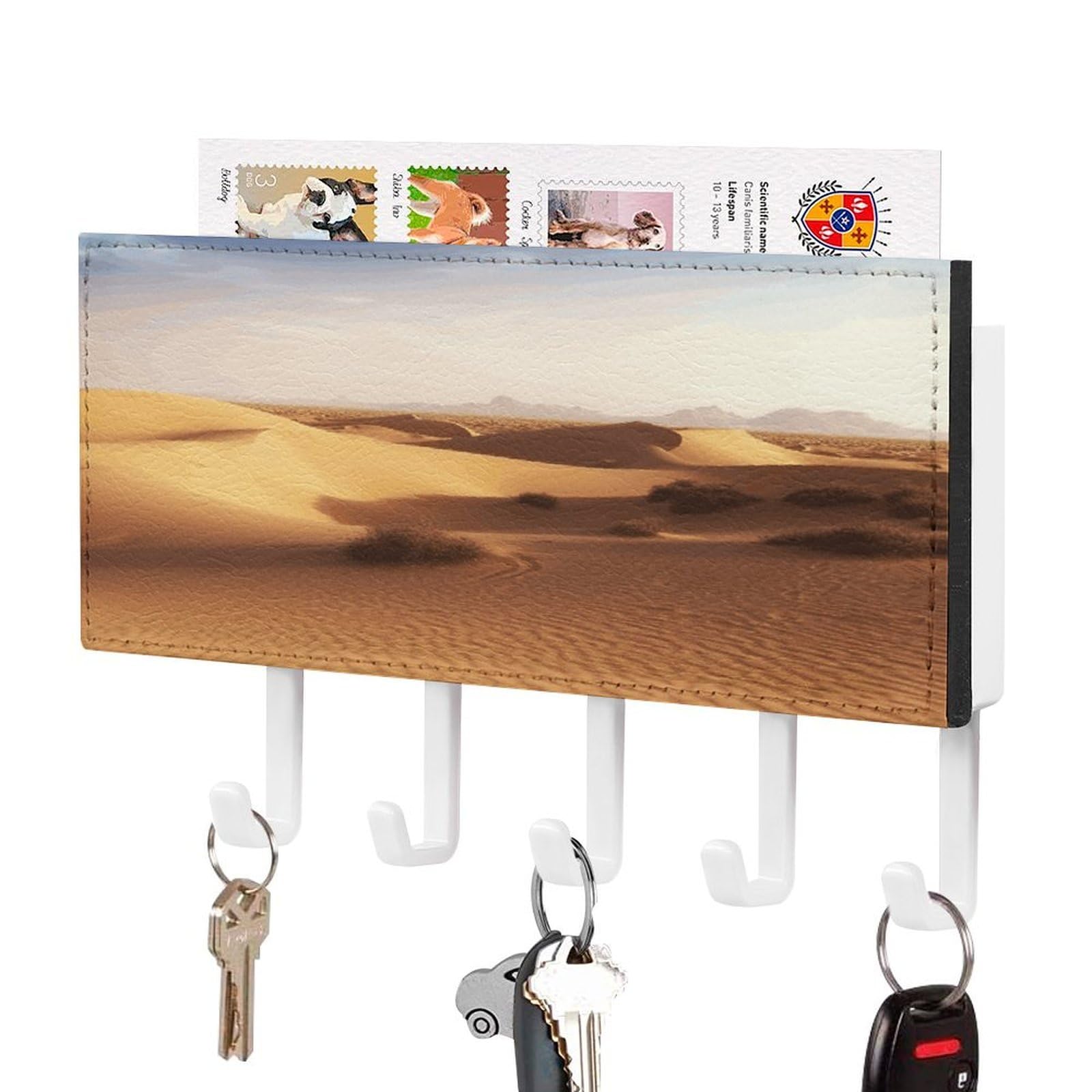 Fekiloot White-Style Desert Landscape Key Holder Wall Mount Key And Mail Holder Key Hanger With 5 Hooks Decorative Pu Key Rack Hanging Key Hooks For Wall Living Room Kitchen Bathroom Hallway