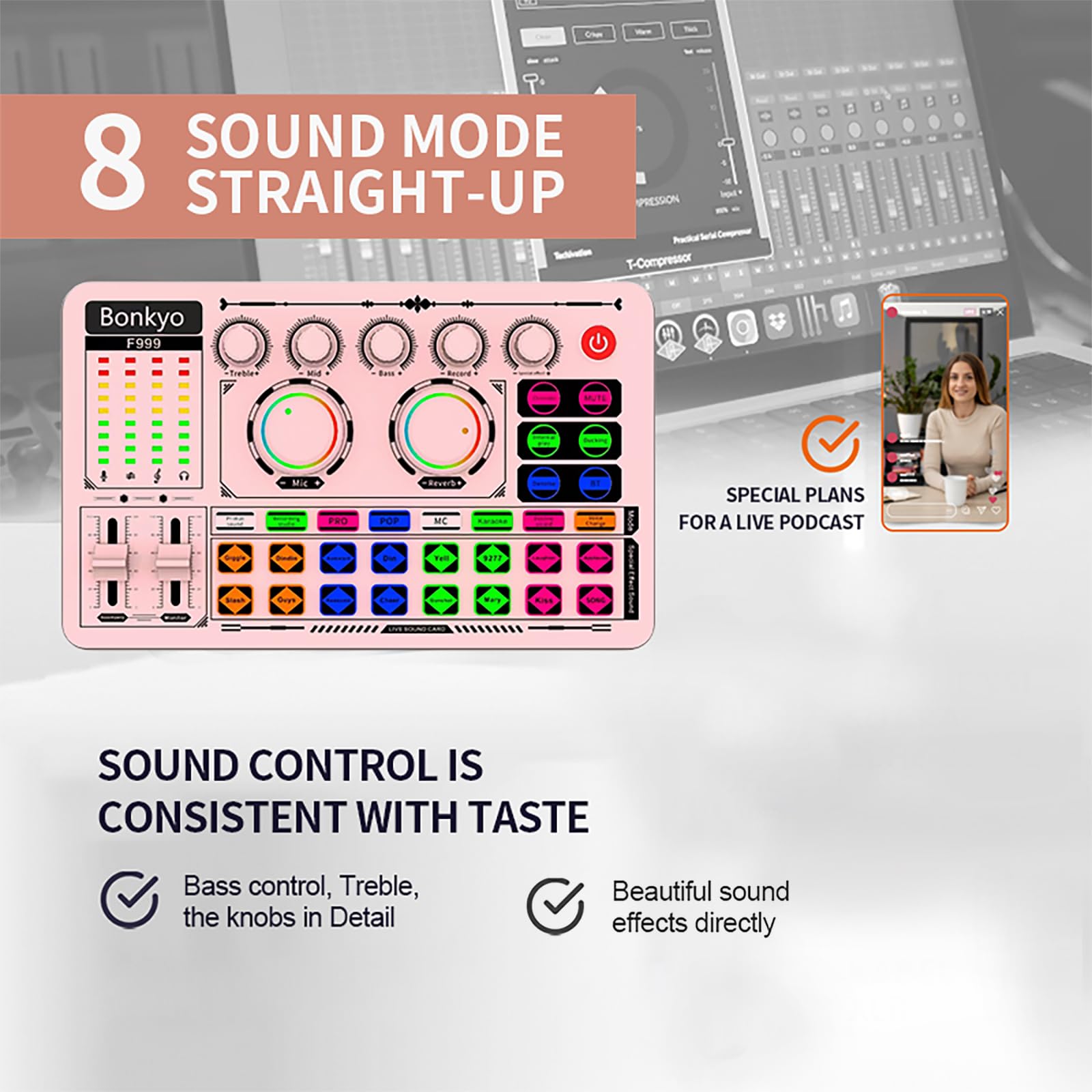 F999 - Scheda audio USB per live streaming, mixer audio professionale con riduzione del rumore, Bluetooth, batteria integrata, interfaccia audio e cambia voce, mixer DJ per live/gioco/podcast/karaoke